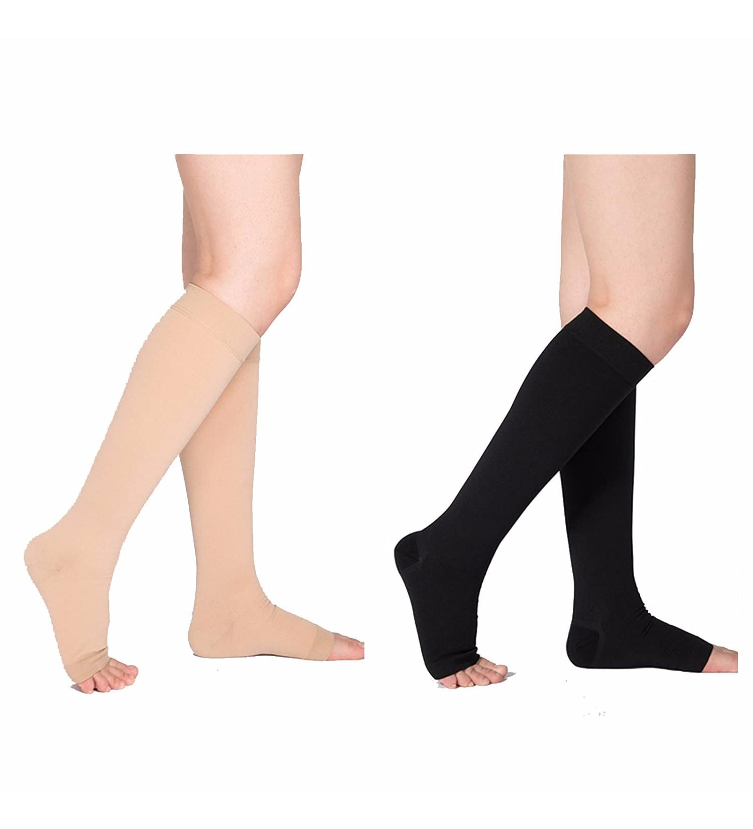 WSYKC Open-Toe Compression Socks Set - 2 Pairs 23-32 mmHg Gradient Pressure Black & Beige - Ideal for Travel & Everyday Comfort - Buy Online on GoSupps.com