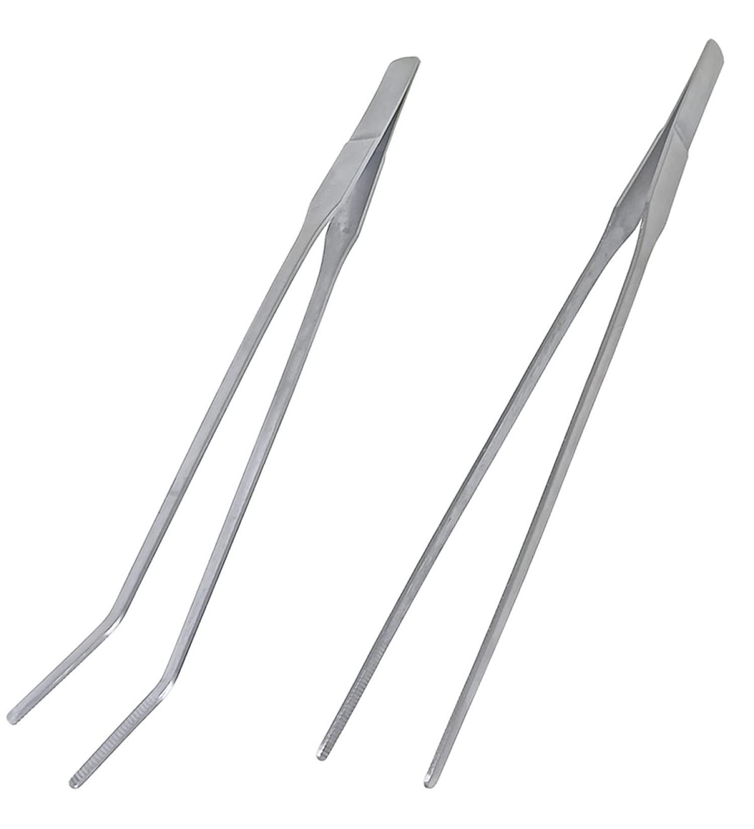 2 Pcs Stainless Steel Feeding Tongs Set 27cm - Ideal for Aquascaping, Reptiles, Lizards, Bearded Dragon - Straight and Curved Tweezers - Silver - Buy Online on GoSupps.com