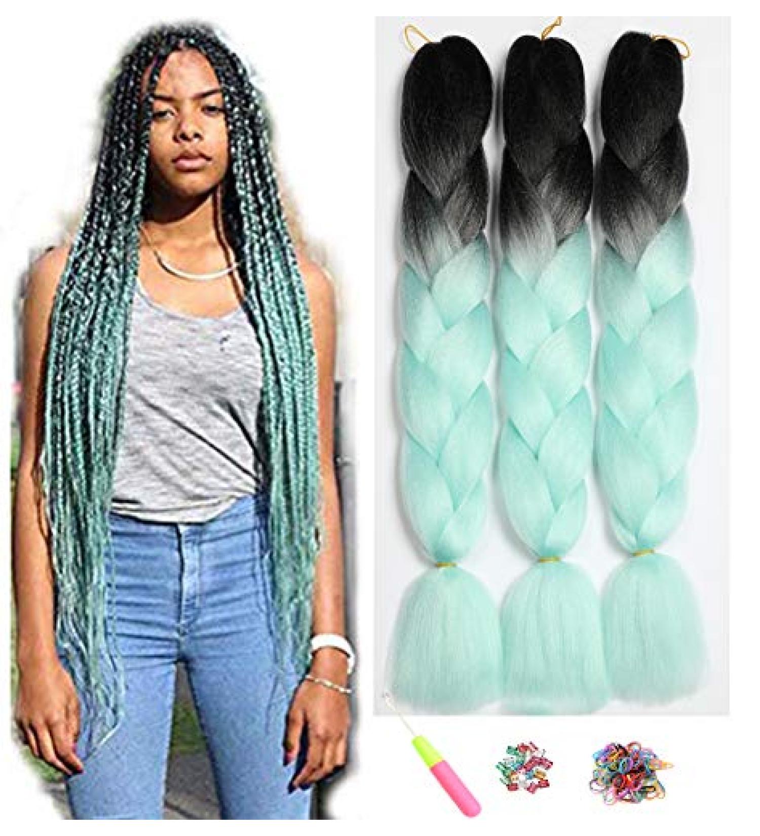 Showjarlly Kanecalon 24 Ombre Jumbo Braid Extensions - Black/Light Green - 3 Pack Kanecalon Hair Braids for International Shipping - Buy Online on GoSupps.com