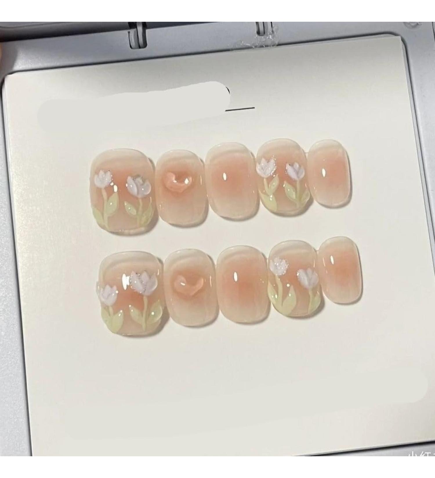 Handmade nail art tulip hand-painted handmade short nails nail patches wearing nails nail patches fake nails 10PCS (Size : L) 1 count (Pack of 1)