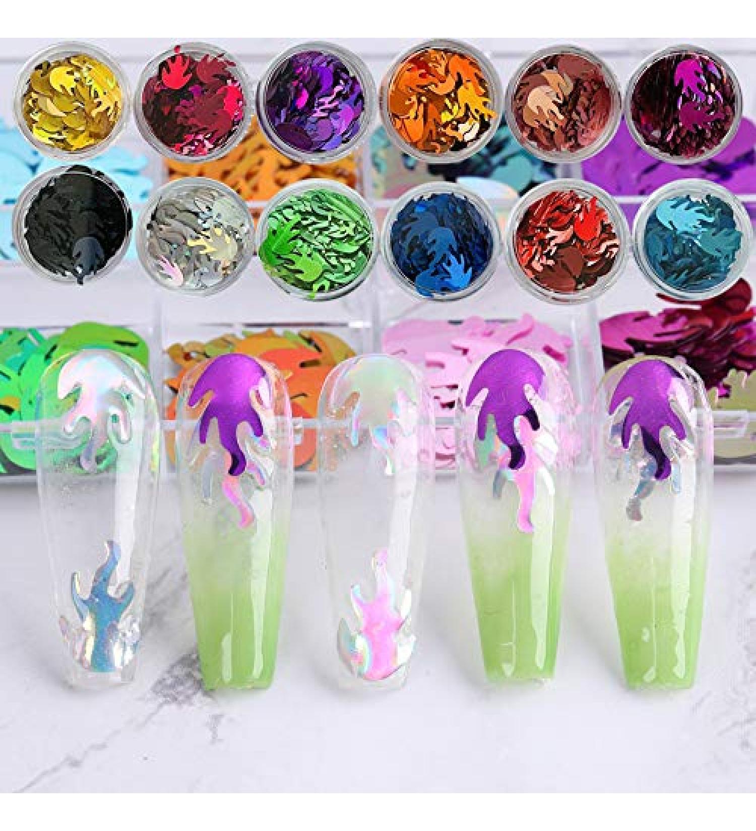 DIY 12-Piece Mixed Colographic Flame Nail Glitter Set - Laser Letter Shape Sequin Flakes for Manicure Art Decoration | 12 Colors - Buy Online on GoSupps.com