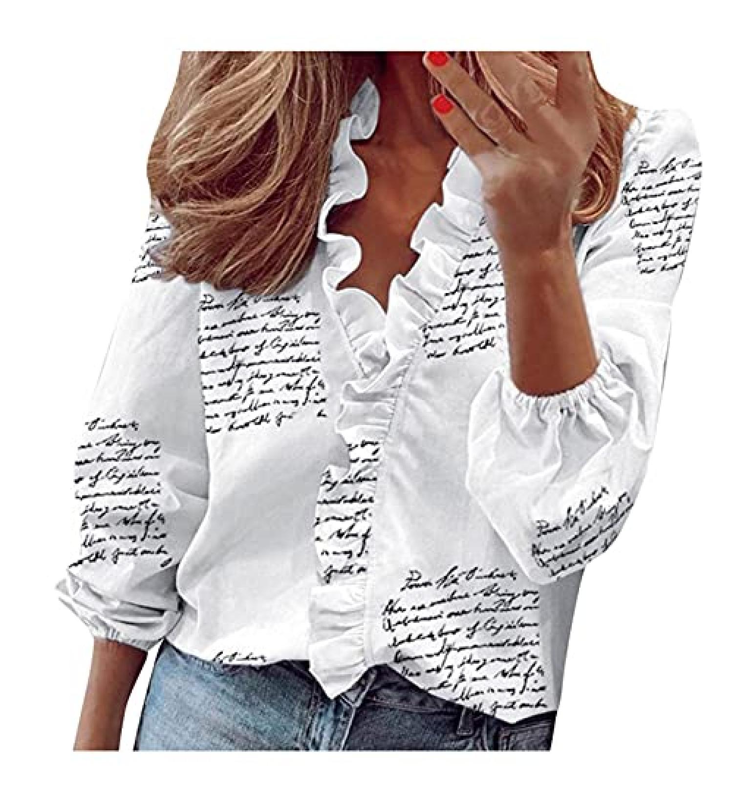 TUNUSKAT White Women's Letter Print Ruffle Tops - V Neck Long Sleeve Blouse - Buy Online on GoSupps.com