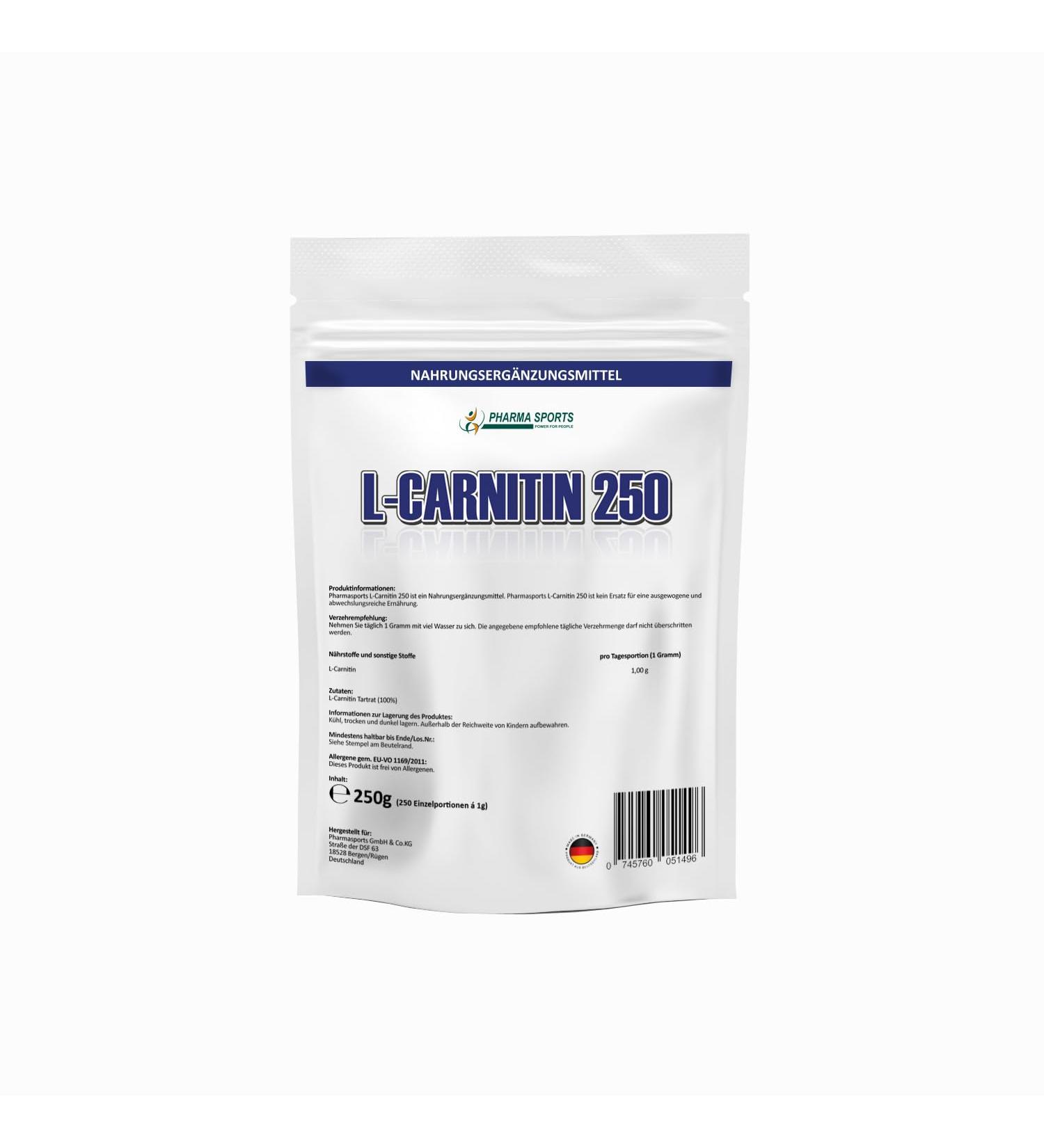 Pharmasports L-Carnitine PUR 250g - Pure L-Carnitine Tartrate Powder | 100% Additive-Free Supplement for Enhanced Energy & Fat Loss - Buy Online on GoSupps.com