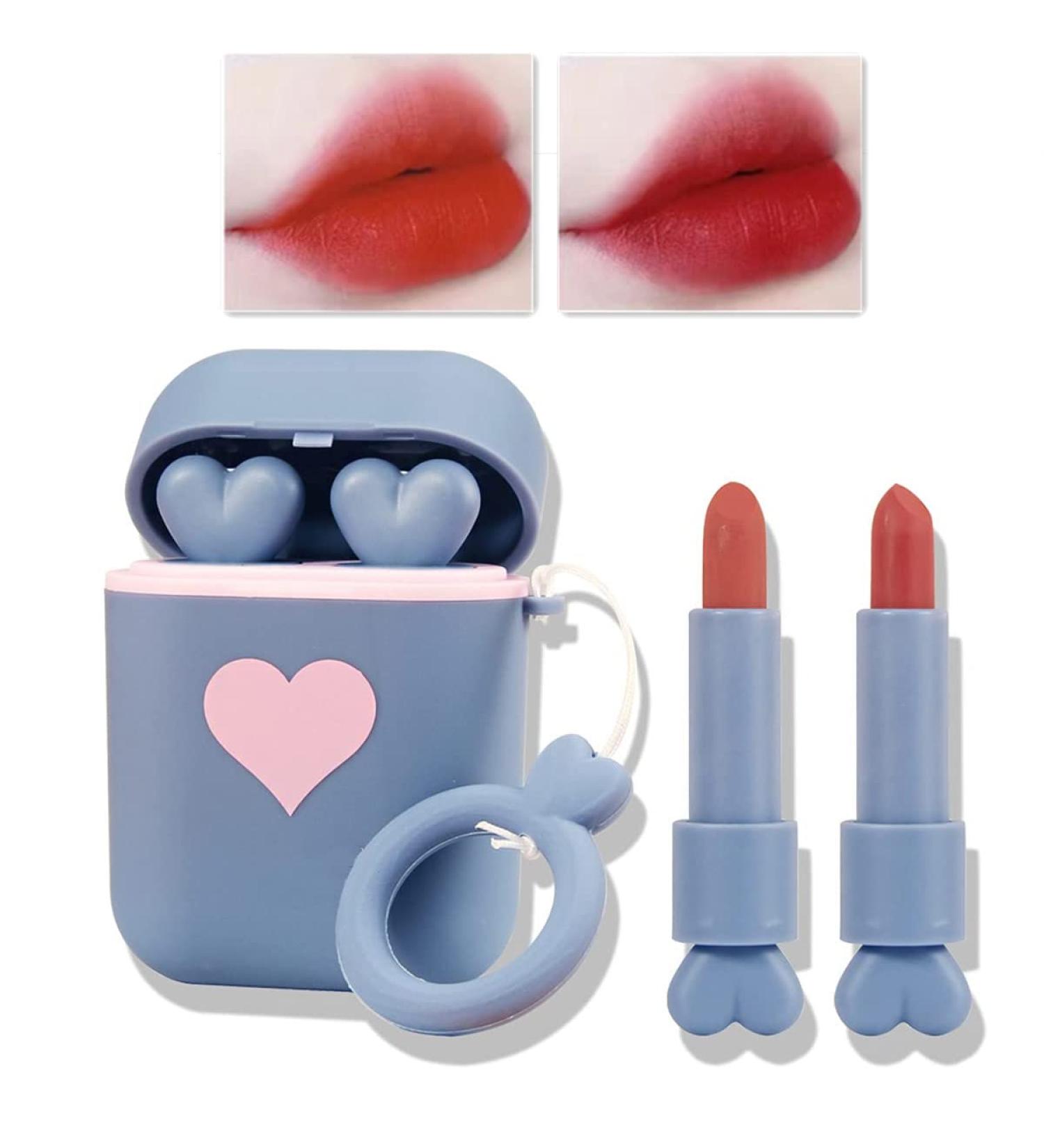 Buy Moisturizing Matt Lipstick Make-Up Set | 2-Piece Two-Tone Lip Gloss & Headphones - Waterproof Velvet Gift Set (Blue) | International Shipping - Buy Online on GoSupps.com