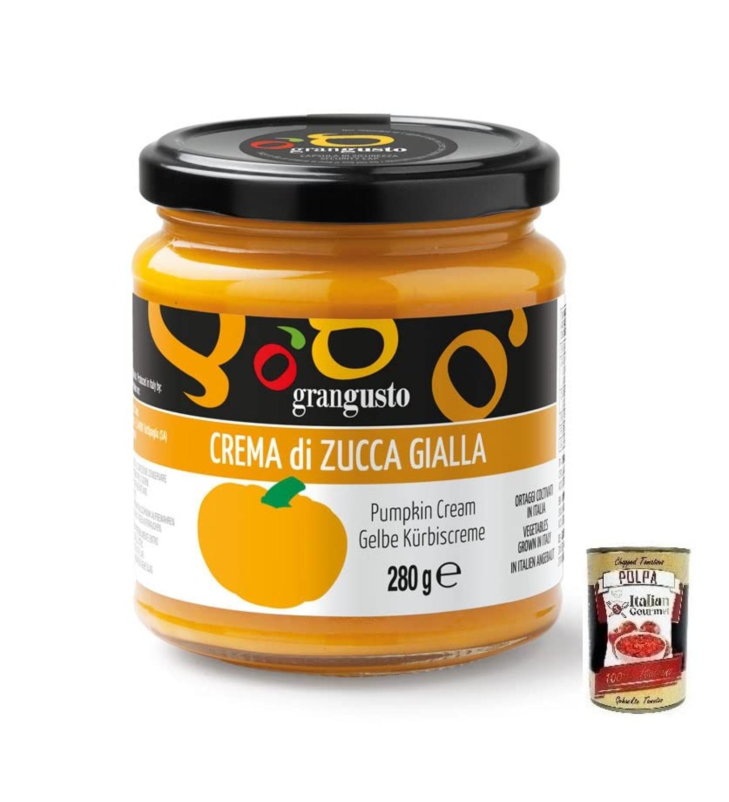 Grangusto Crema di Zucca Gialla yellow pumpkin cream Italian vegetables ideal for the preparation of risottos and pasta 280 g jar + Italian box Gourmet Tomato Pulp 400 g - Buy Online on GoSupps.com