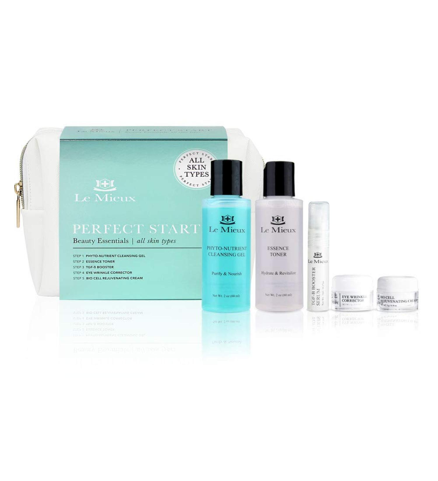 Le Mieux Perfect Start Beauty Essentials Set - 5-Piece Normal Skin Facial Set for Glowing Skin | Phyto-Nutrient Cleansing Gel Essence Toner & More - Buy Online on GoSupps.com