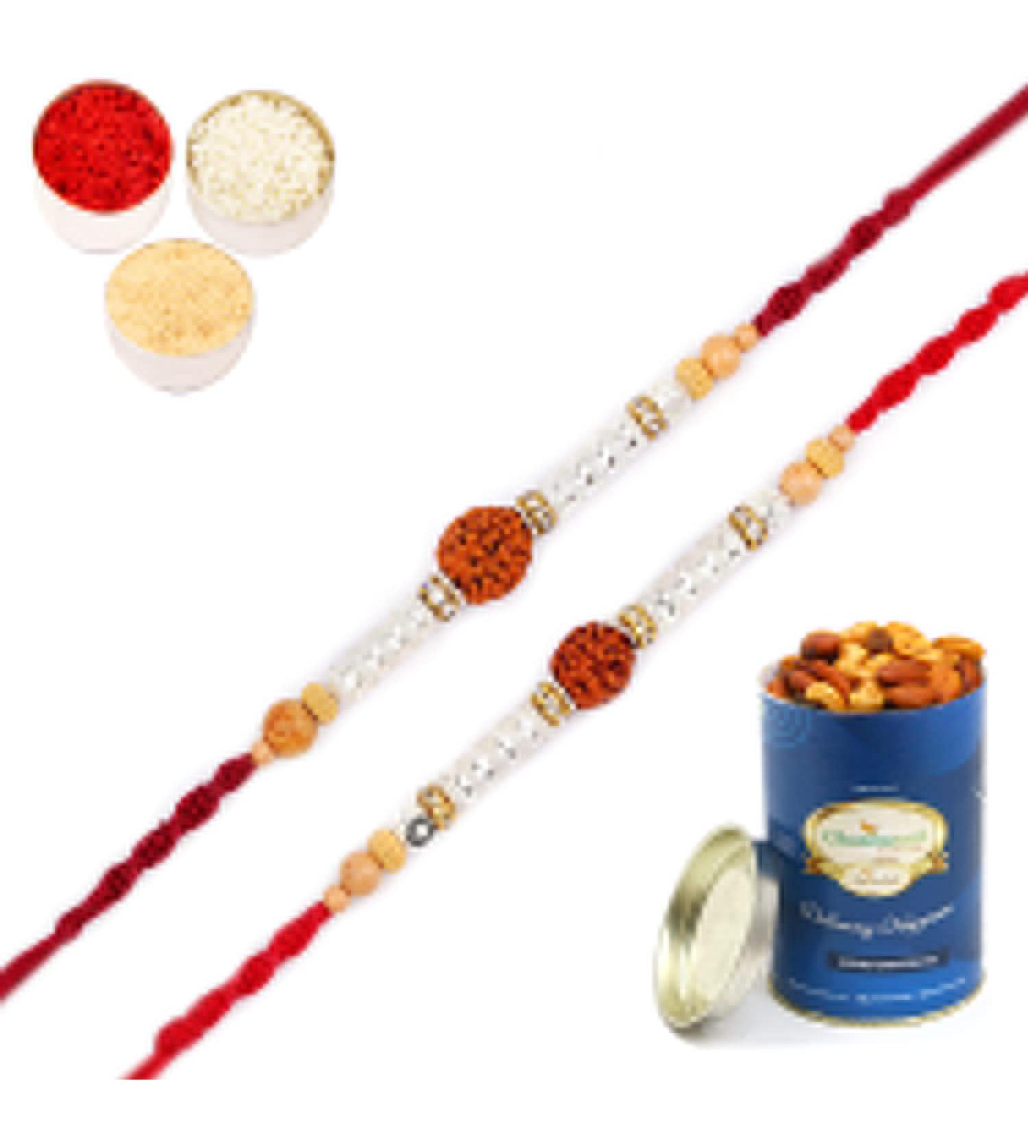 Ghasitaram Gifts Rakhi for Brother Rakhis Online - Set of 2-Rs115 Rakhis with 100 GMS of Dryfruits Mix Can Rakhi with 100 gms of Dryfruits Mix Can - Buy Online on GoSupps.com