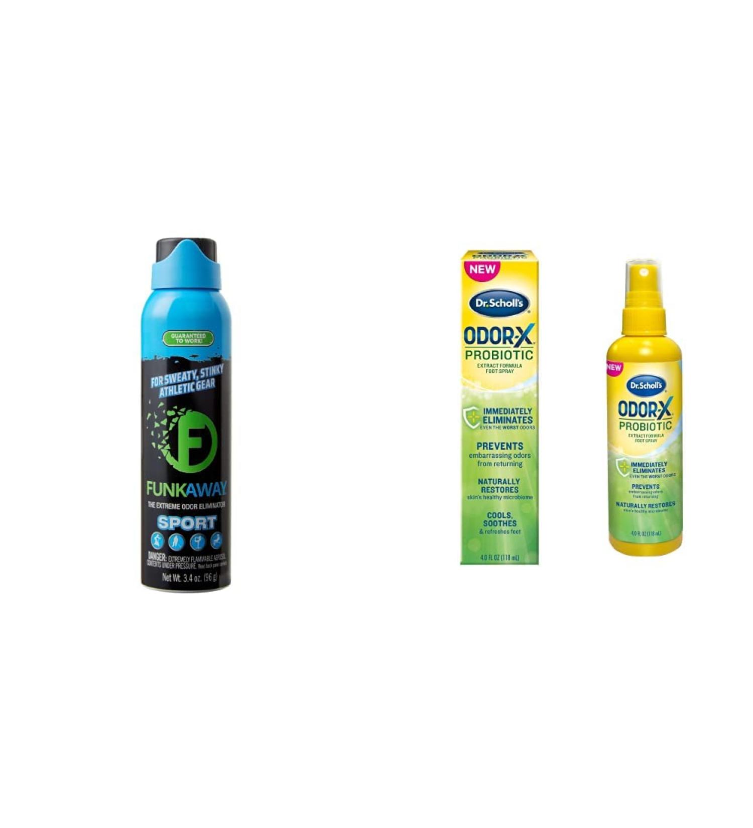 FunkAway Sport Aerosol Spray 3.4 oz & Dr. Scholl's Probiotic Foot Spray 4oz - Odor Eliminator for Shoes and Sports Gear - Buy Online on GoSupps.com