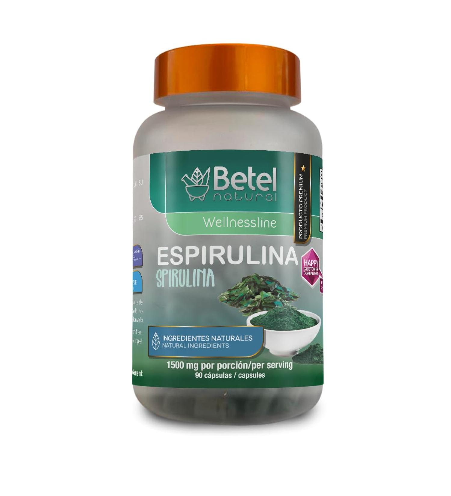 Betel Natural Premium Espirulina/Spirulina 90 Capsules Protein Packed Nutrition - 1500 mg per Serving