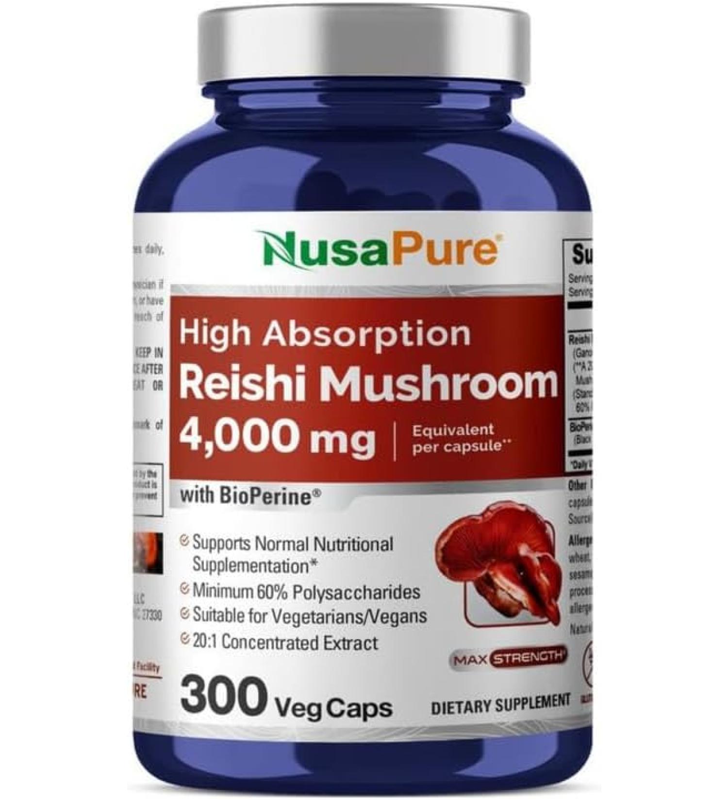 NusaPure Reishi Mushroom Extract 4000mg per Capsule 300 Veggie Caps Vegan Non-GMO Gluten-Free - Buy Online on GoSupps.com