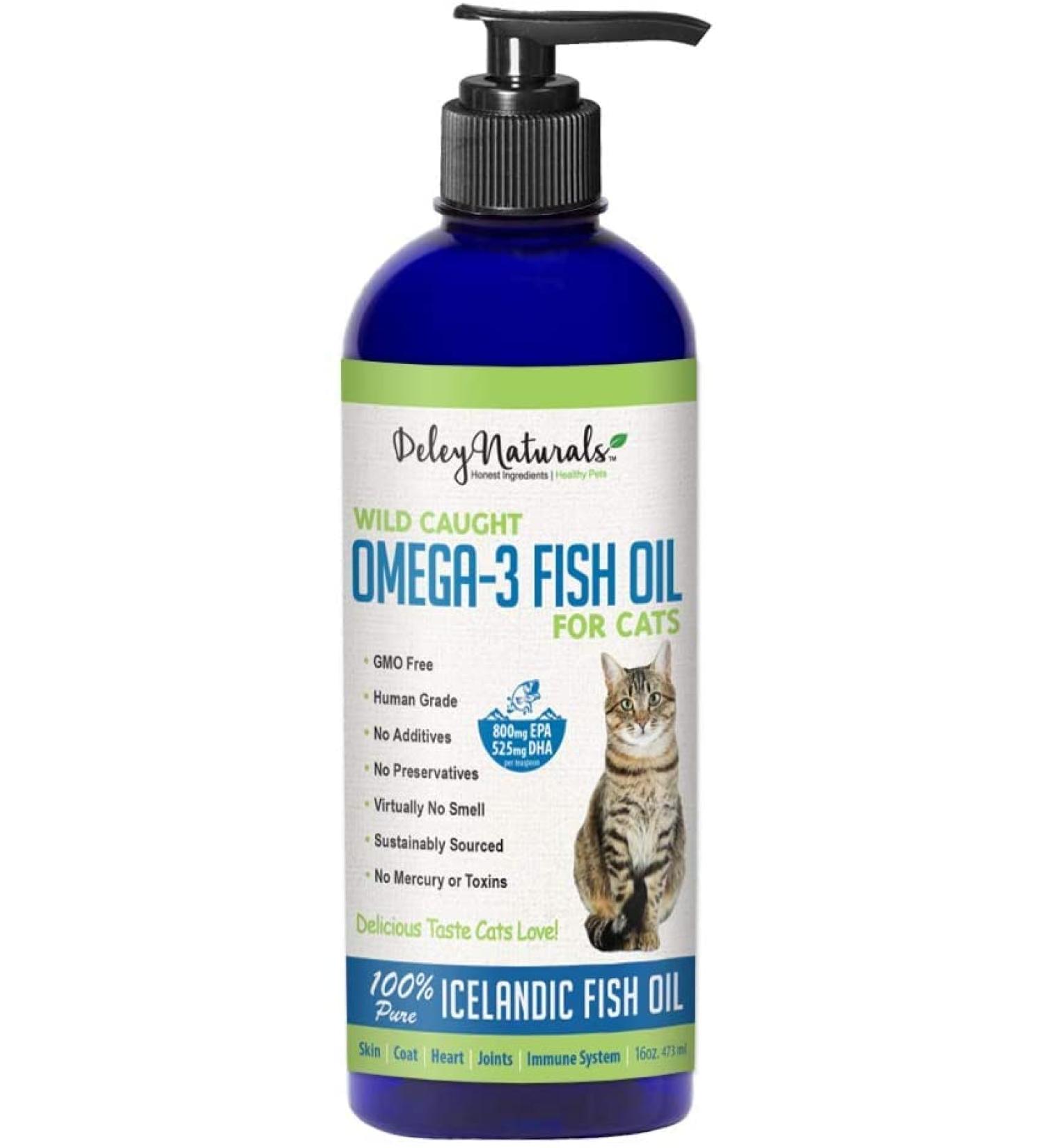 Deley Naturals Wild Caught Fish Oil for Cats - 16oz | Omega 3-6-9 | GMO Free | Reduces Shedding | Supports Skin, Coat, Joints, Heart, Brain | Highest EPA & DHA Potency | Pure Fish Oil - Buy Online on GoSupps.com