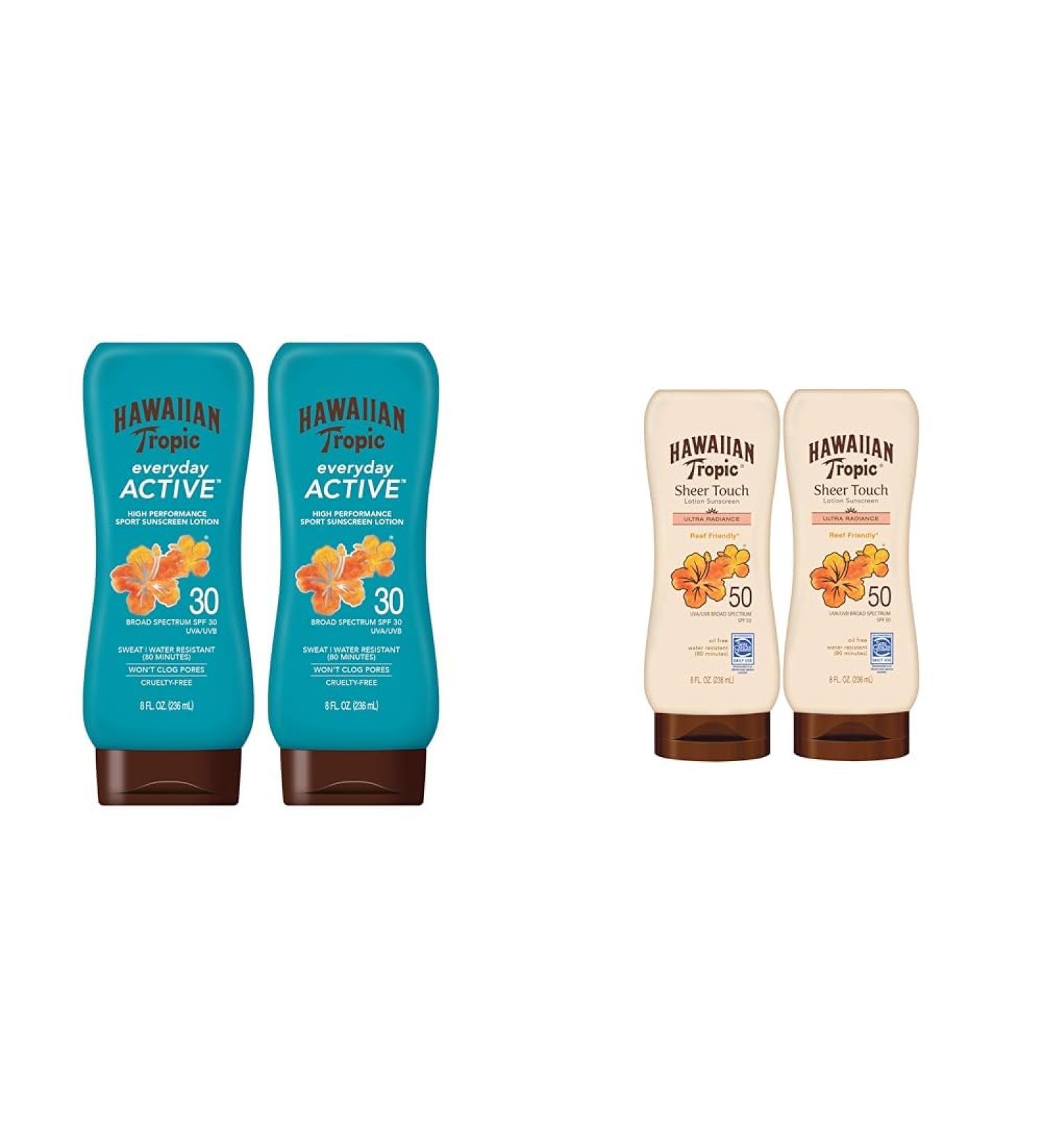 Hawaiian Tropic Everyday Active SPF 30 & Sheer Touch Ultra Radiance SPF 50 Sunscreen Lotions 8oz Twin Packs - Buy Online on GoSupps.com