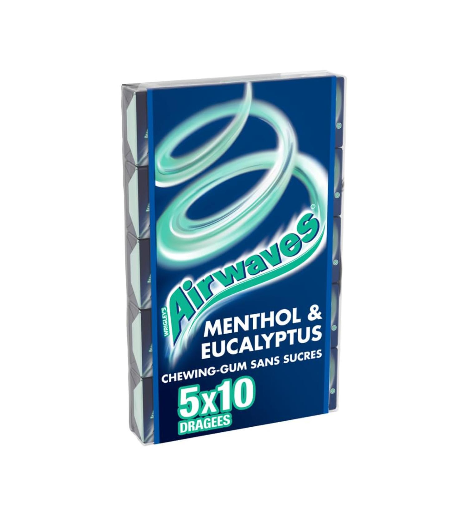 AIRWAVES - Menthol & Eucalyptus Chewing Gum - Sugar Free - 5 Packs of 10 Dragees - 70g - Buy Online on GoSupps.com