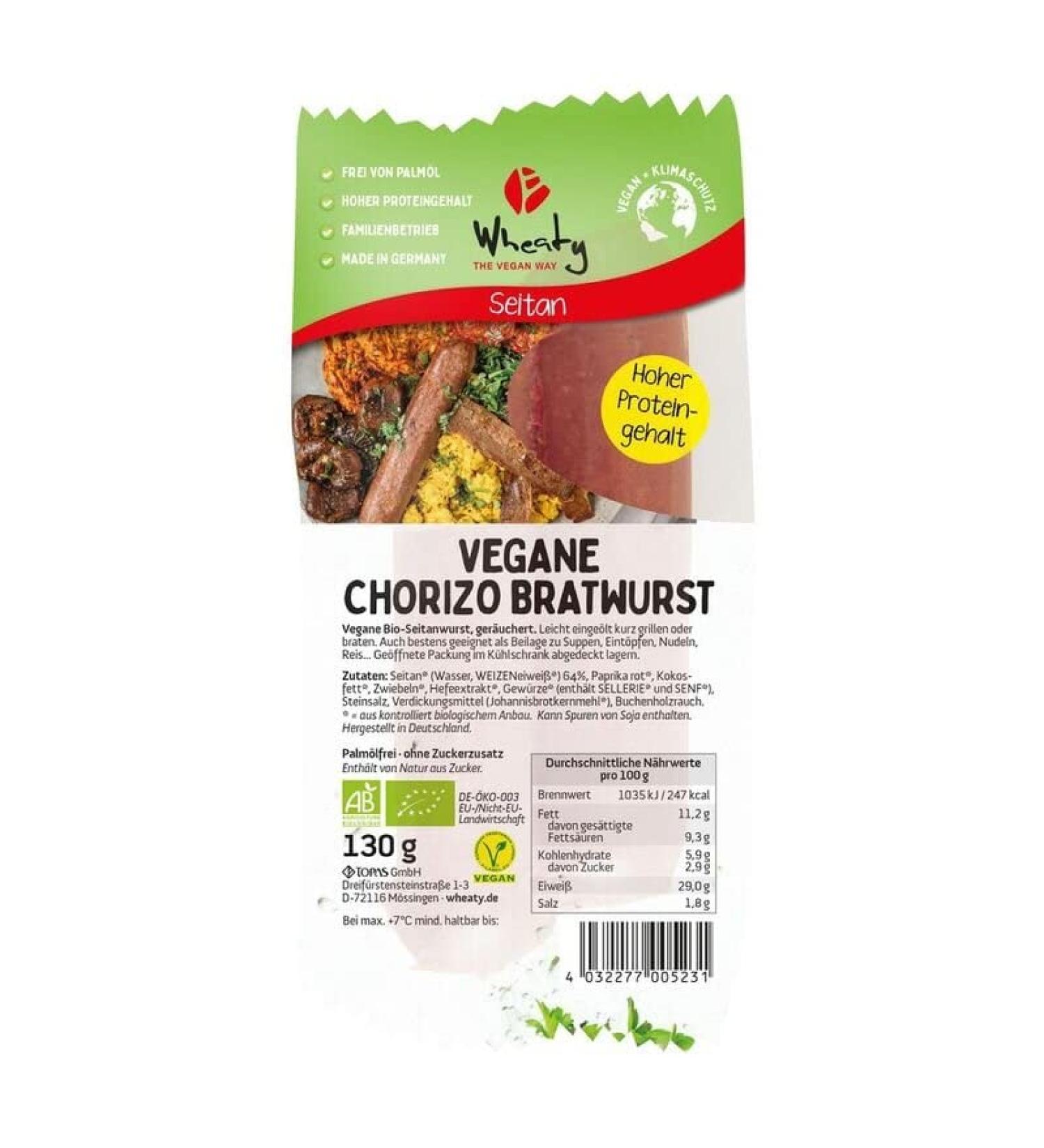 Wheaty Vegan Chorizo Bratwurst - Organic - 130g x 5-Pack of 5
