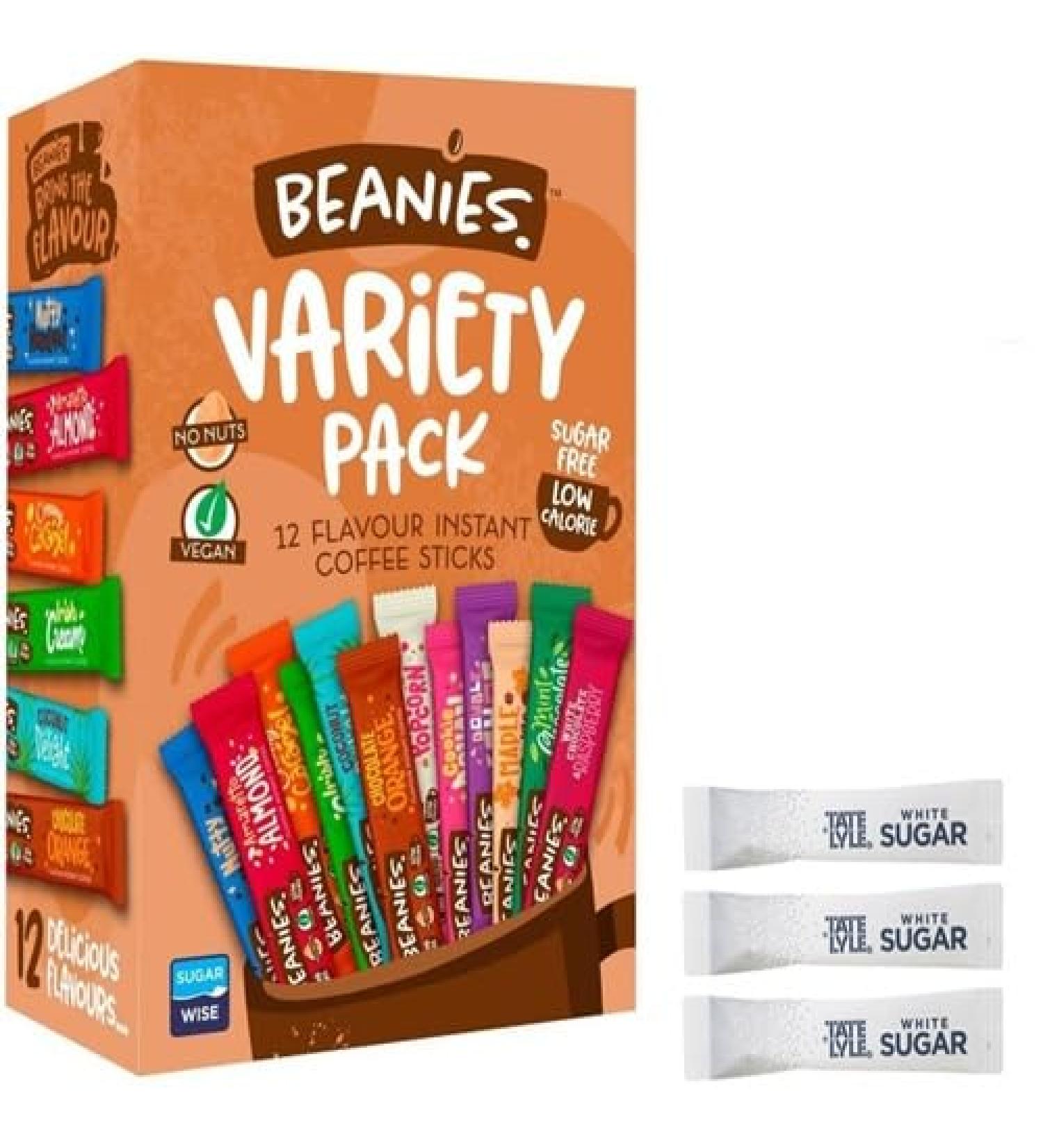 Beanies Flavored Coffee Variety Pack - 144 Individual Sachets 2kcal per Serving Gluten-Free Sugar-Free Vegan Instant Coffee 12 Sachets x 12 Pack with FREE-150 SUGAR SACHETS  - Buy Online on GoSupps.com