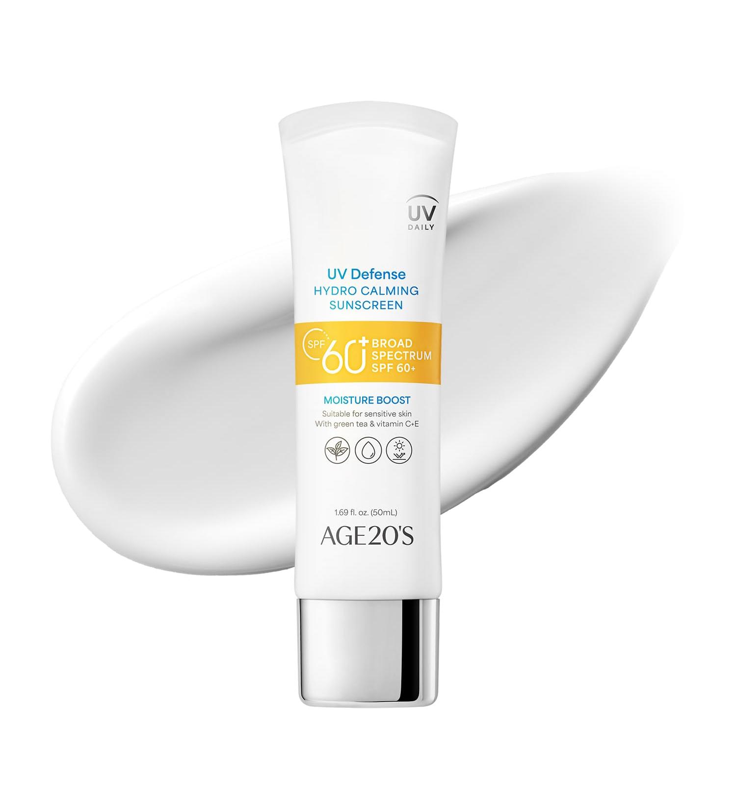AGE20'S UV Defense Hydro Calming Sunscreen SPF 60+ | Korean Sunscreen | Moisturizing Creamy Formula No White Cast Lightweight Finish | Green Tea + Aloe Vera | Dermatest Excellent | 1.69 fl.oz*1 1.69 Fl Oz (Pack of 1) - Buy Online on GoSupps.com