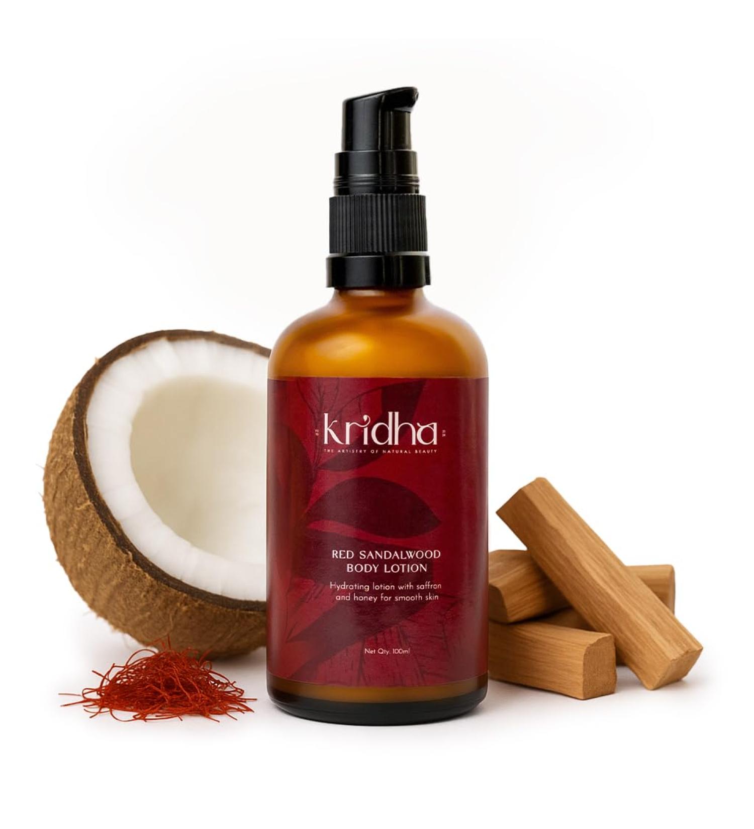 kridha Red Sandalwood Body Lotion With Saffron Honey & Coconut Oil - Deep Moisturizer for Women & Men - Summer Body Lotion for Smooth Glowing Skin 100ml - Buy Online on GoSupps.com