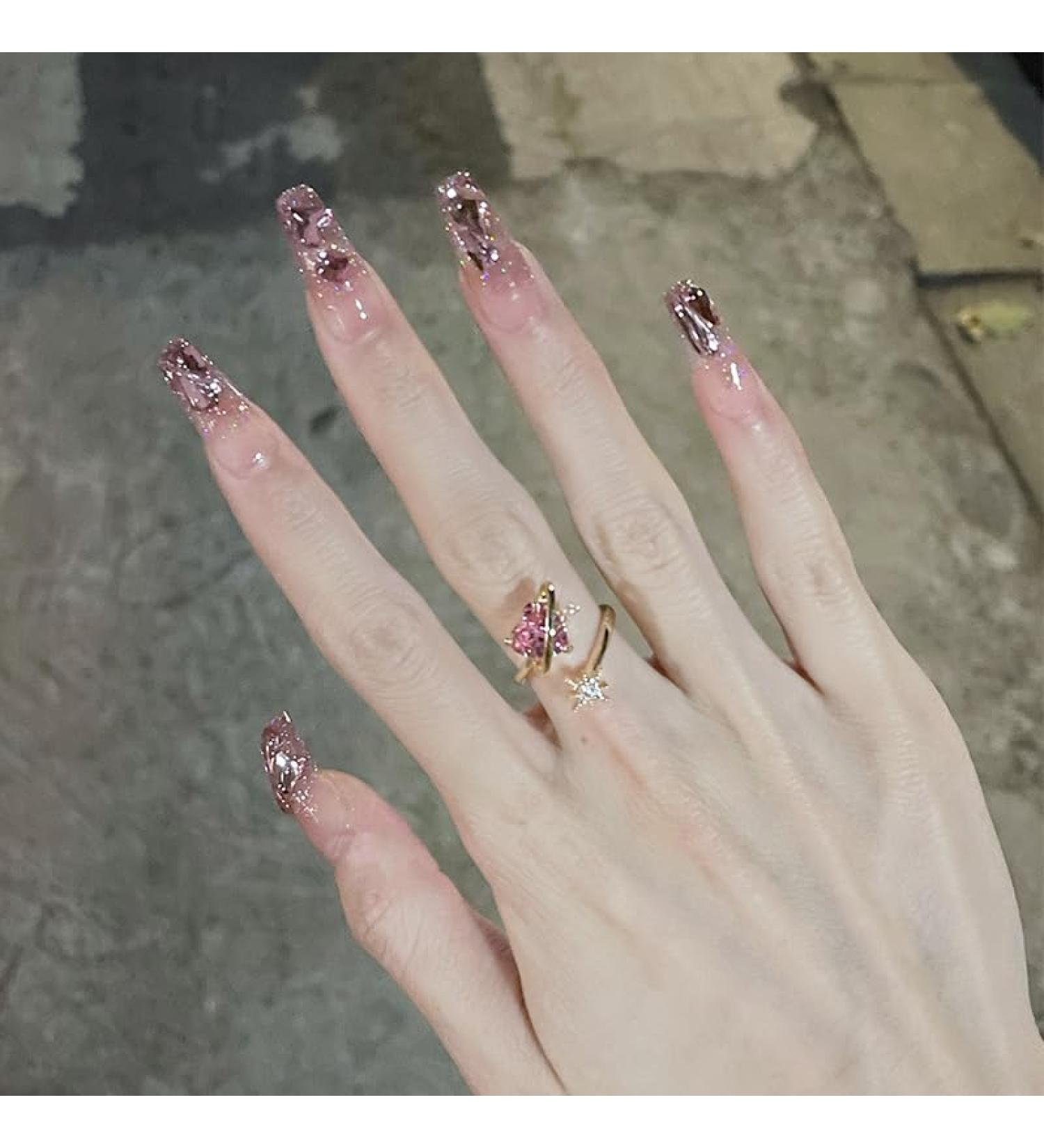 24Pcs/Set Press On Nails Length Phototherapy red powder Crystal diamond False Nails Acrylic Fake Nails Full Cover Nails Tips Artificial Finger Manicure Press on nails for Women and Girls