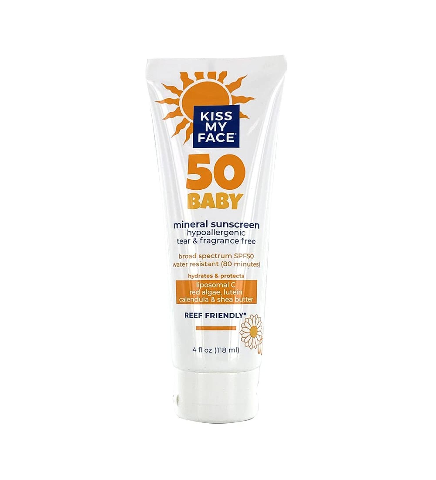 Kiss My Face Baby Sunscreen Lotion SPF 50 - Water-Resistant Sunscreen Mineral Lotion - Reef-Friendly & Cruelty-Free - Hypoallergenic  Tear-Free And Fragrance-Free With Shea Butter - 4 fl oz Tube
