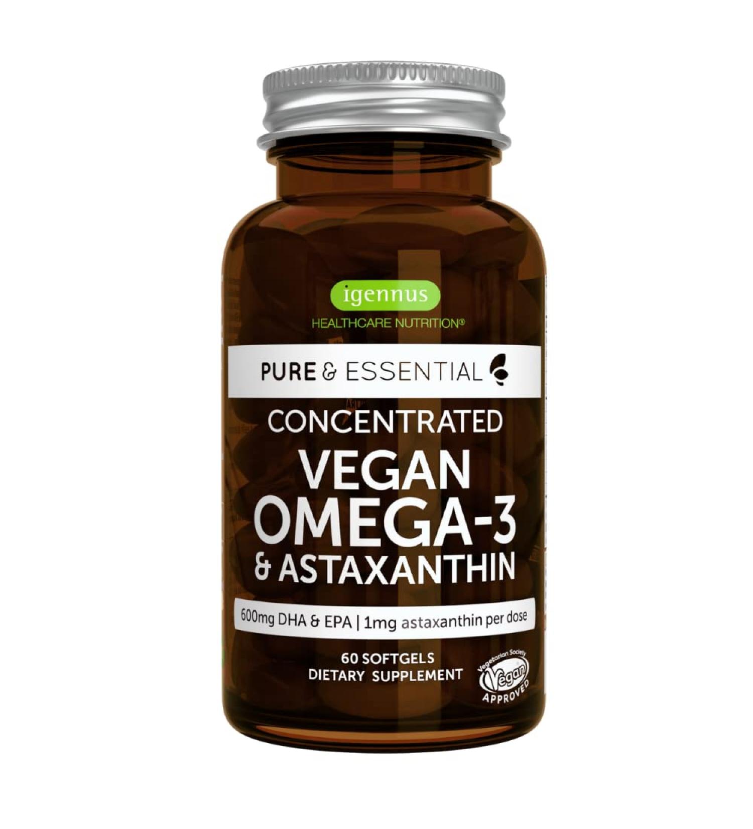 Pure & Essential Vegan Omega 3 Algae Oil | High EPA DHA Concentration | Sustainable & Pure with Astaxanthin | 600mg DHA & EPA for Heart, Brain & Eye Health | 60 Small Softgels - Buy Online on GoSupps.com