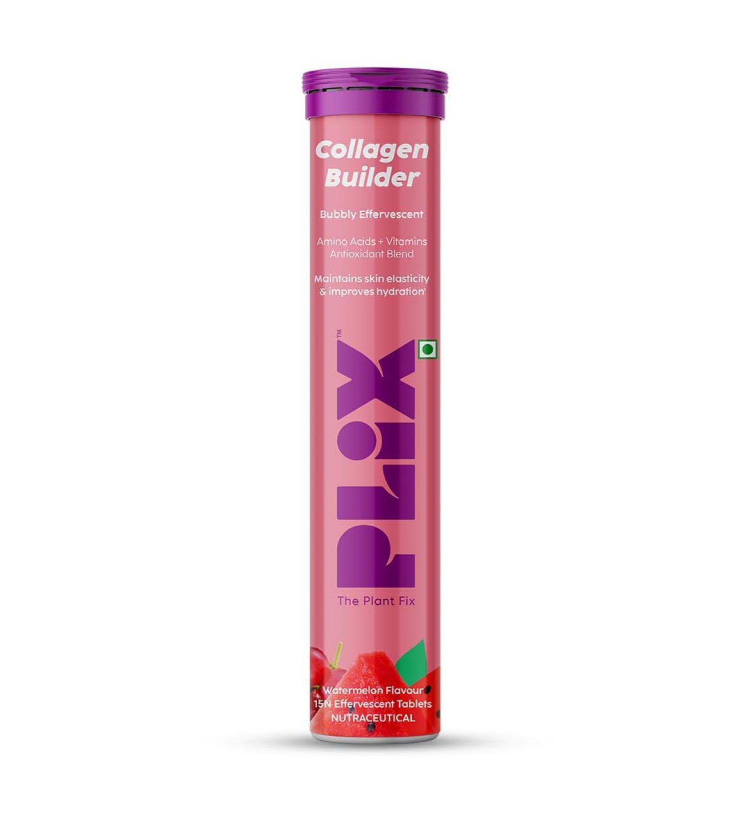 PL'IX - THE PLANT FIX Collagen Builder Bubbly Effervescent - 15 Tablets (Watermelon) for Hydrated Skin & Anti-Aging | Amino Acid Blend For Collagen Production | Vitamin C & E | 100% Vegan - Buy Online on GoSupps.com