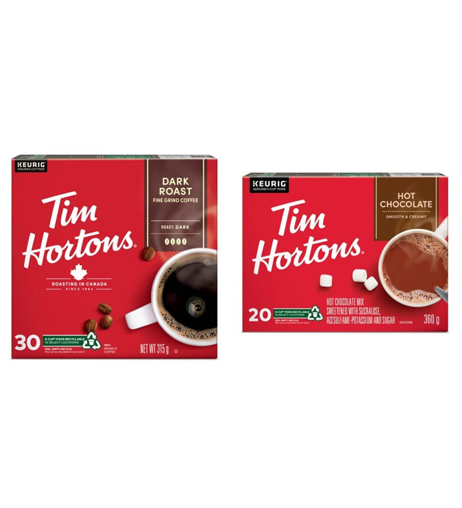 Tim Hortons Dark Roast Coffee Single Serve Keurig K Cup Pods 30 Count & Hot Chocolate Recyclable Single Serve Keurig K-Cup Pods 20 Count Dark Roast + Hot Chocolate 20 Count Dark Roast 30 Count (Pack of 1) - Buy Online on GoSupps.com