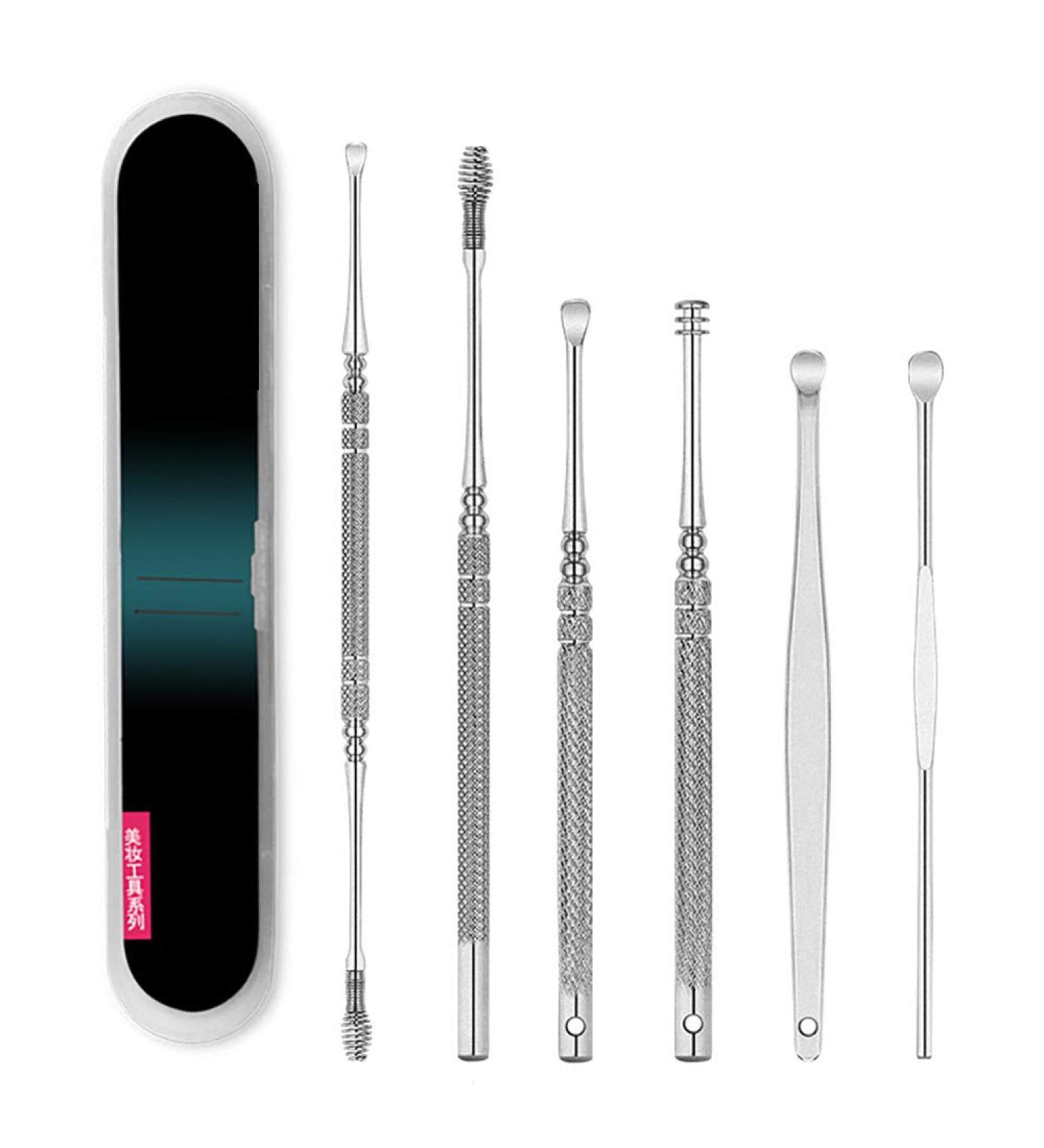 6Pcs Ear Cleaner Tool Set - Earpick Ear Curette Spoon for Ear Wax Removal | Dehydrated Facial Sponges | Silver One Size - Buy Online on GoSupps.com