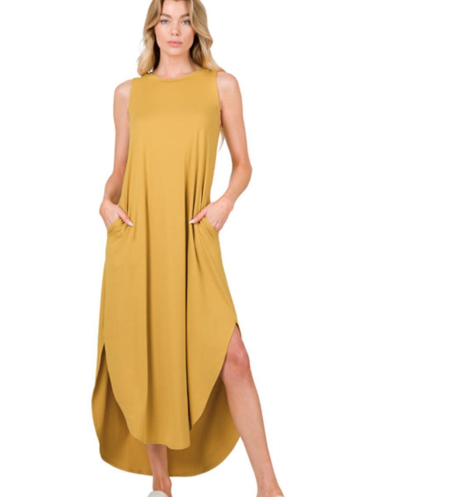 Sleeveless Freeflow Dress with Pockets Mustard M-L Mustard
