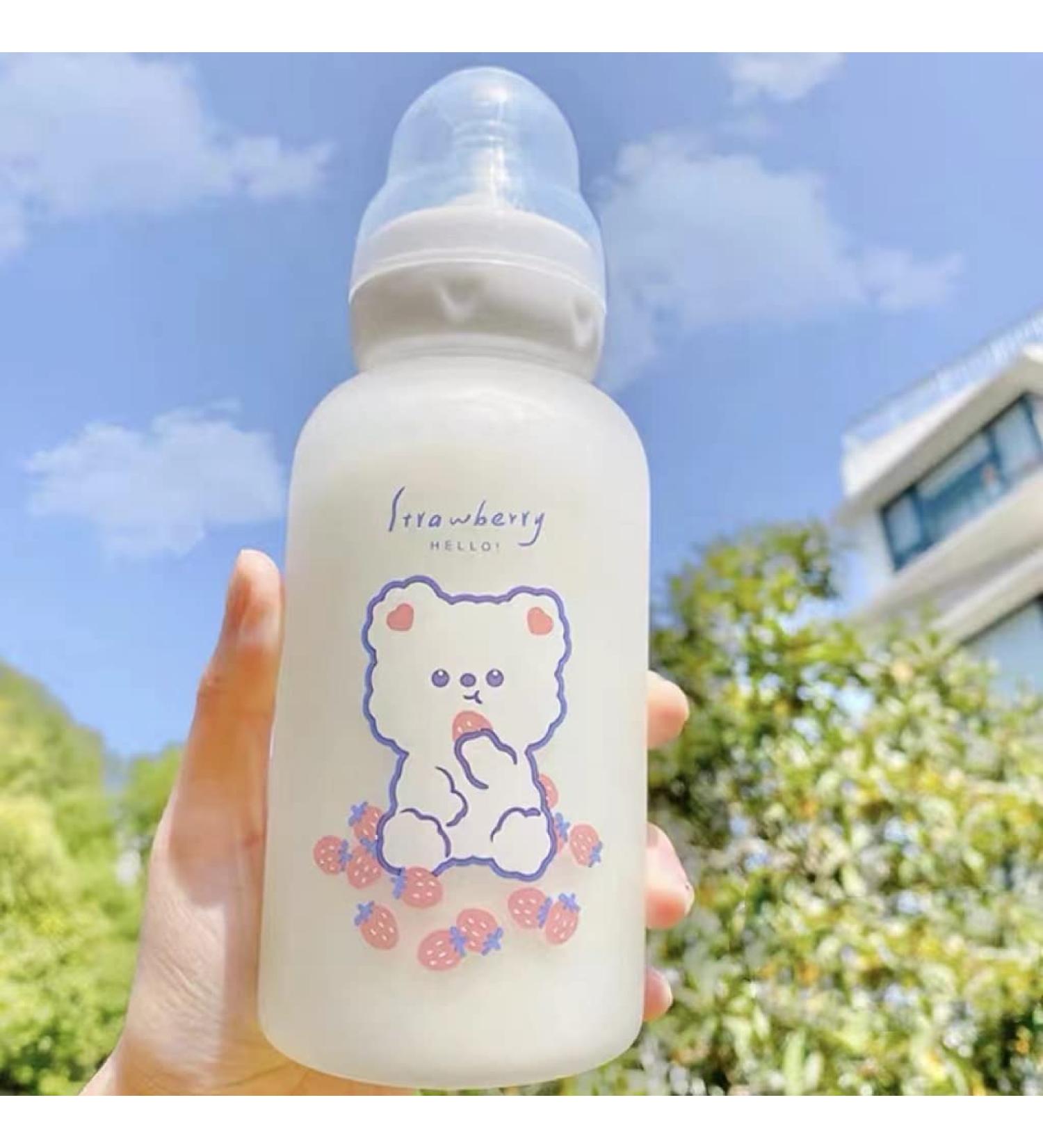 Strawberry Bear Glass Water Bottle 11oz | Kawaii Sippy for Teen Girls & Adults | Cute Portable Drinking Jug - Buy Online on GoSupps.com