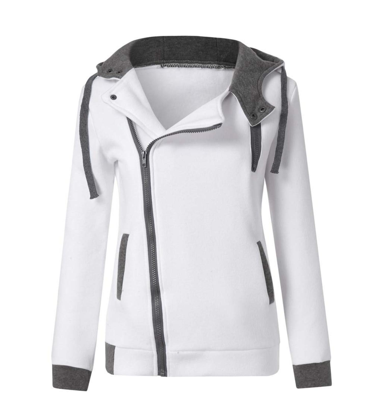 Bigfanshu Women's Oblique Zipper Slim Fit Hoodie Jacket Long Sleeve Blouse Coat Sweatshirt Folded Neck Pocket White
