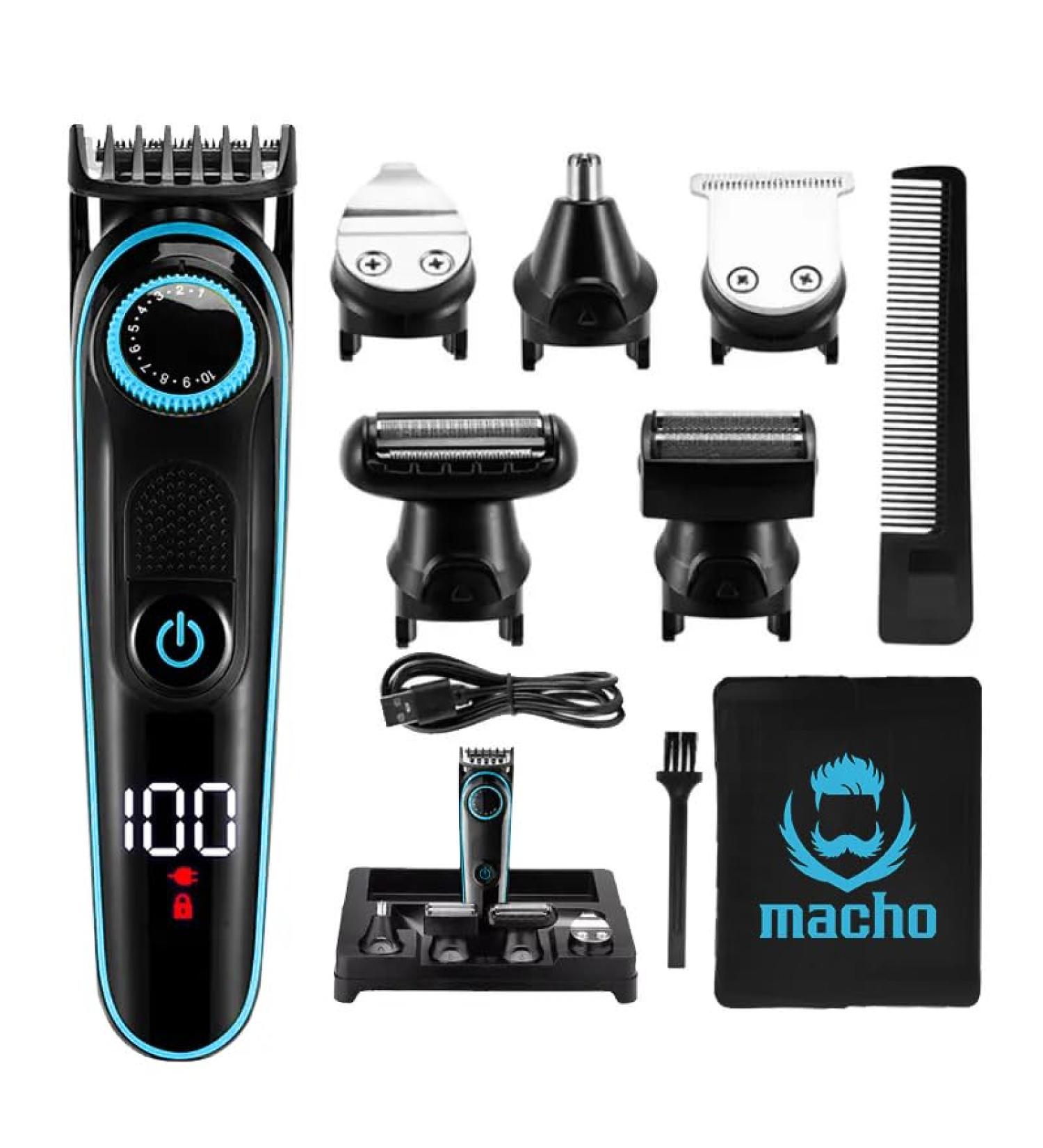MACHO 5 in 1 Grooming Kit - Cordless Hair & Beard Trimmer Body Clipper Ear & Nose Trimmer Electric Razor with LED Display - Rechargeable Groomer in Black & Blue | International Shipping Available - Buy Online on GoSupps.com