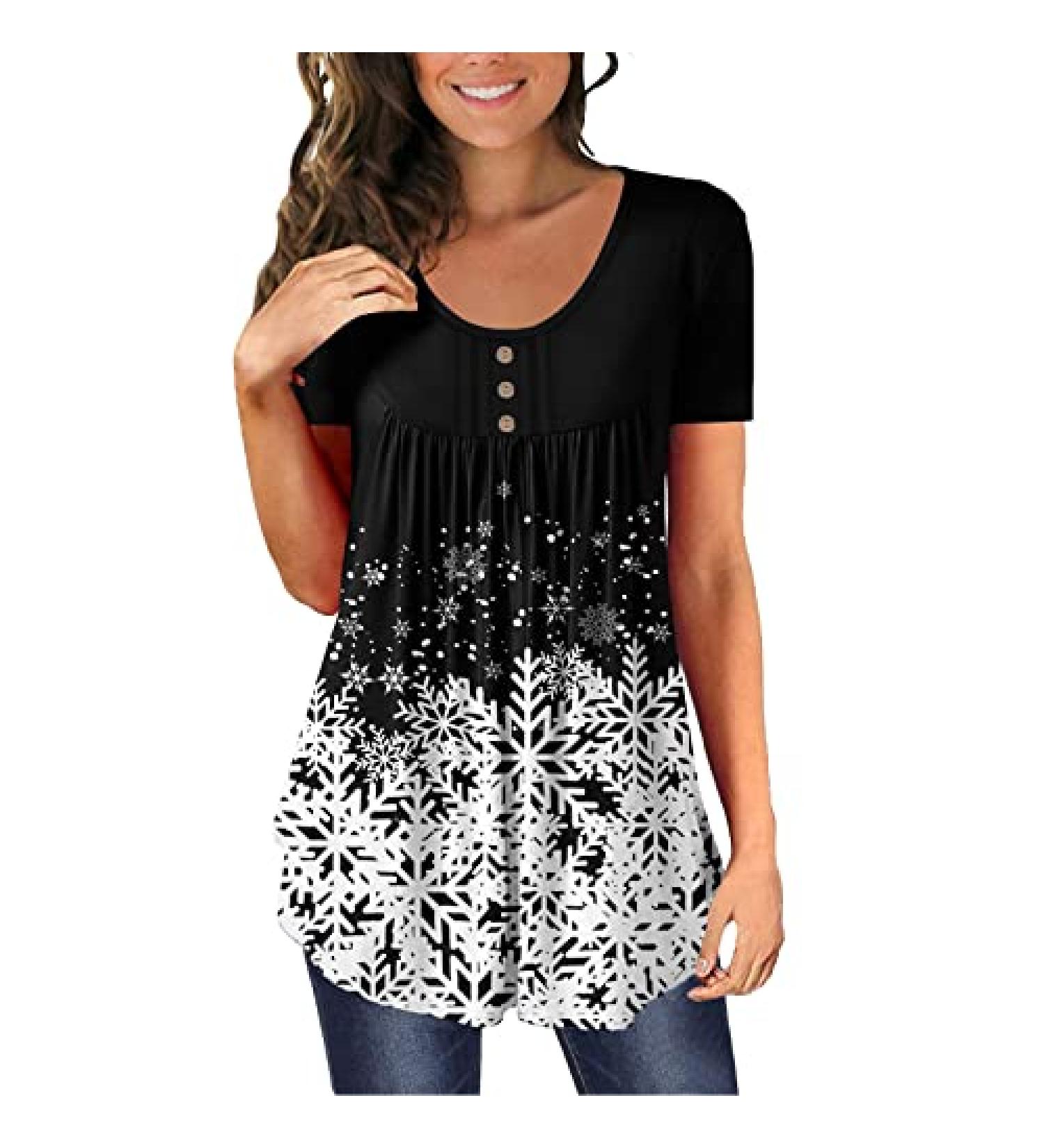 Womens Tunic Tops 2023 | Trendy Short Sleeve Button Down Shirt | Black-3 Medium - Buy Online on GoSupps.com
