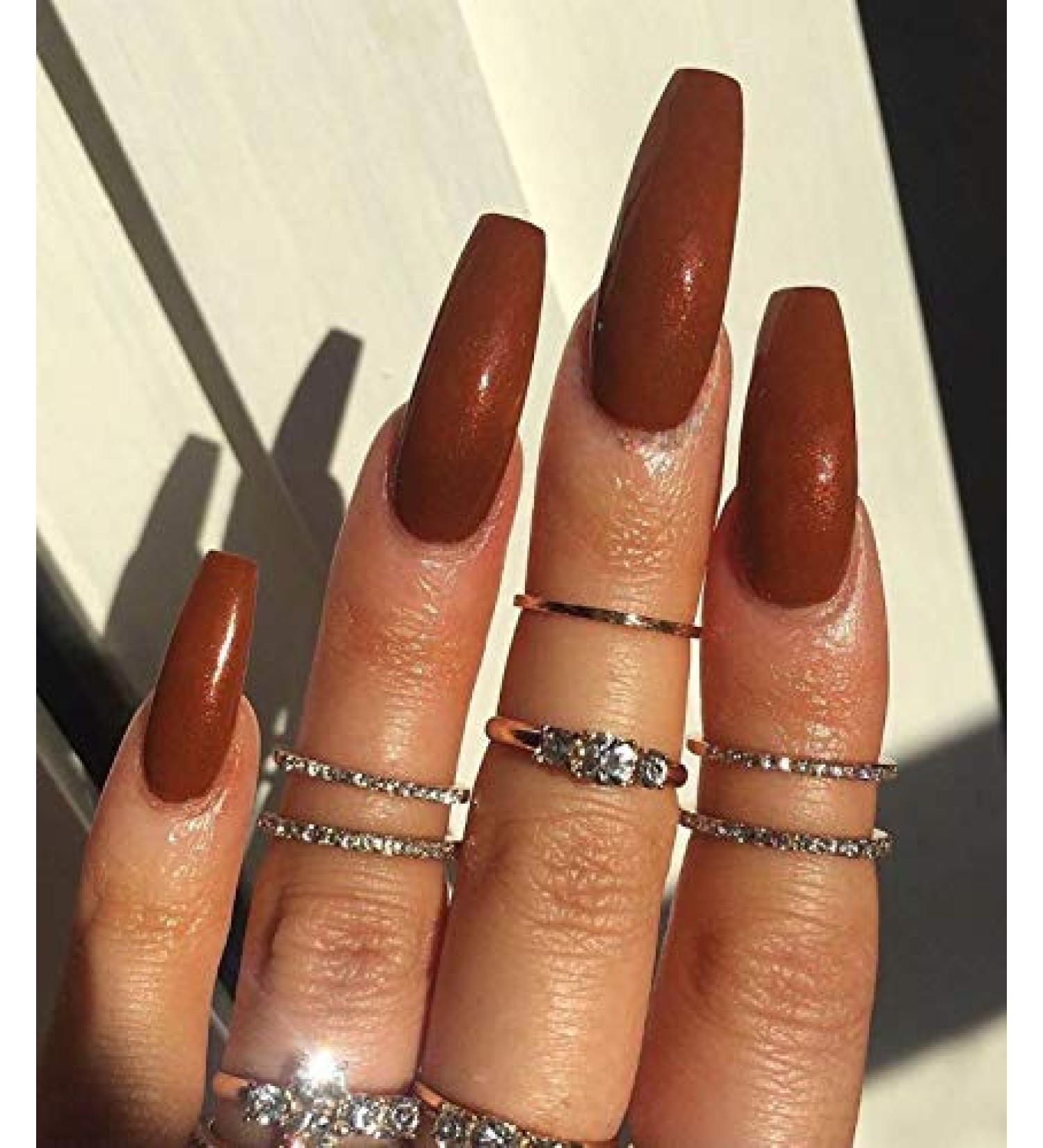 Brishow Long Ballerina False Nails - 24 Pure Color Acrylic Press-On Full Cover Nails for Women & Girls (Brown) | International Shipping Available - Buy Online on GoSupps.com