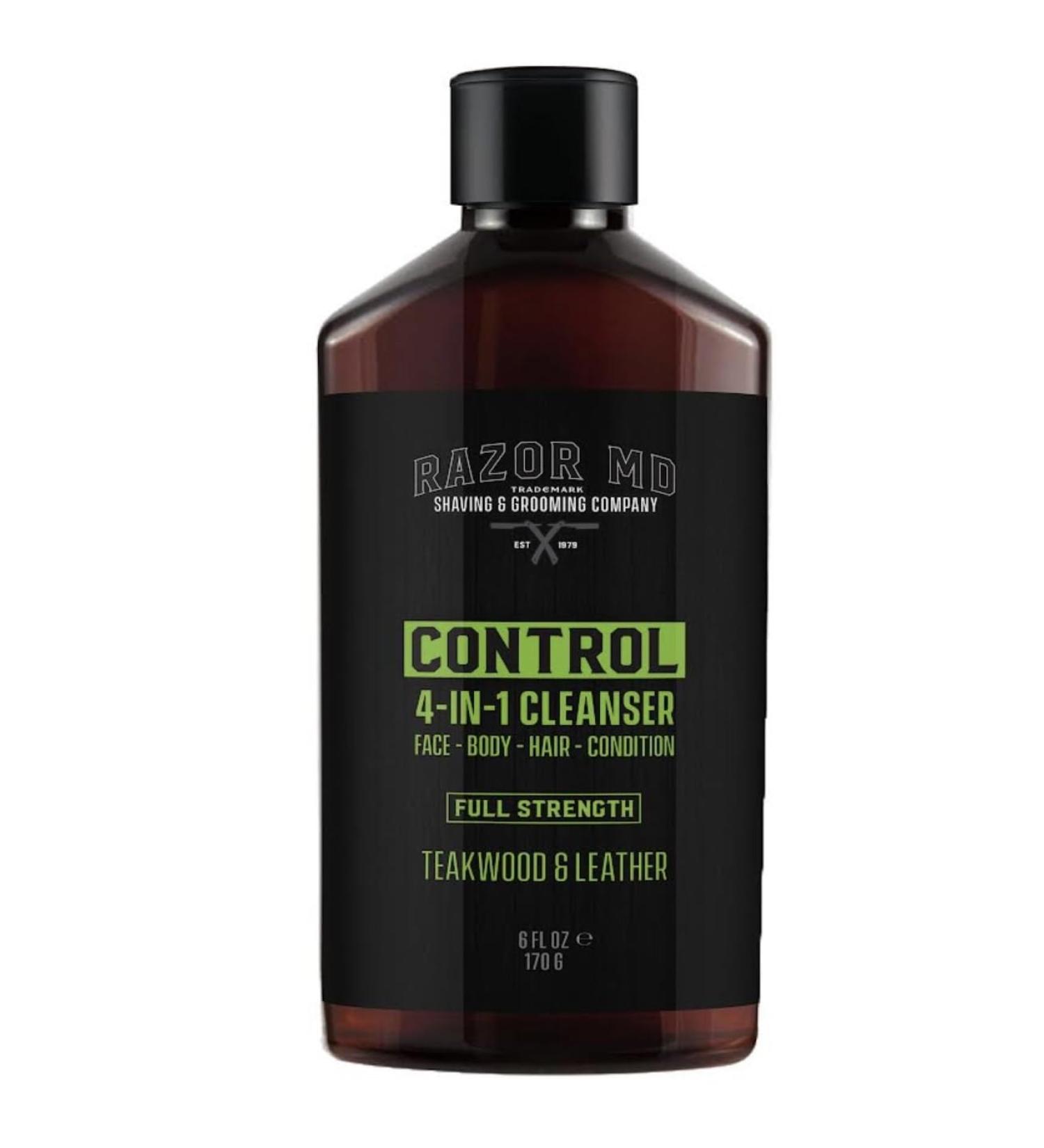 Razor MD Control Men's Face Wash Body & Hair Cleanser 4-in-1 Body Wash Hair Conditioner and Facial Cleansers for Men Teakwood & Leather Scent 6 oz