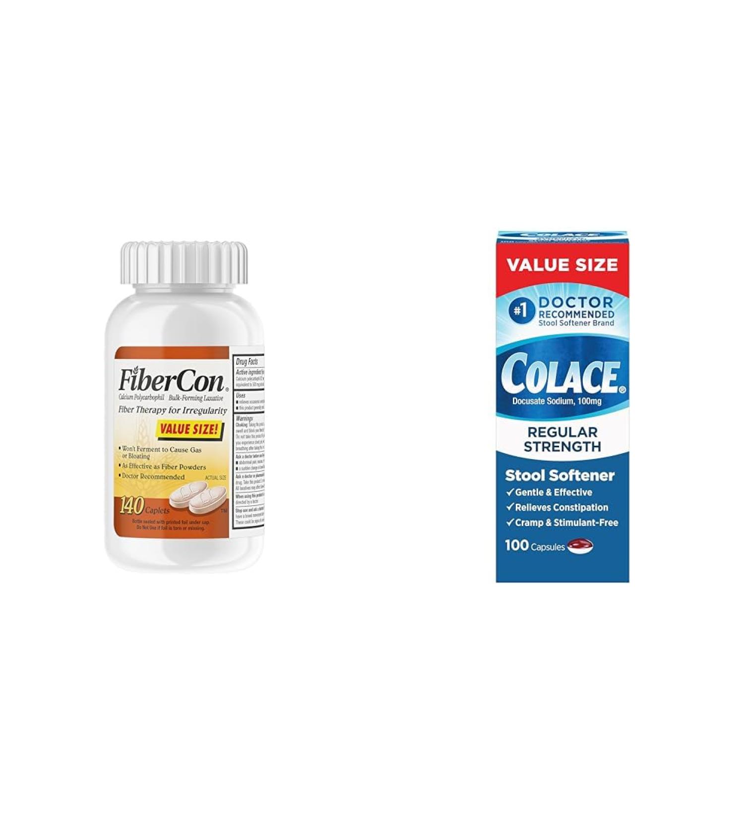 Fibercon Fiber Therapy Coated Caplets Safe Simple & Comfortable Insoluble Fiber & Colace Regular Strength Stool Softener 100 mg Capsules 100 Count Docusate Sodium Stimulant-Free 140 Count (Pack of 1) Caplets + Softener - Buy Online on GoSupps.com