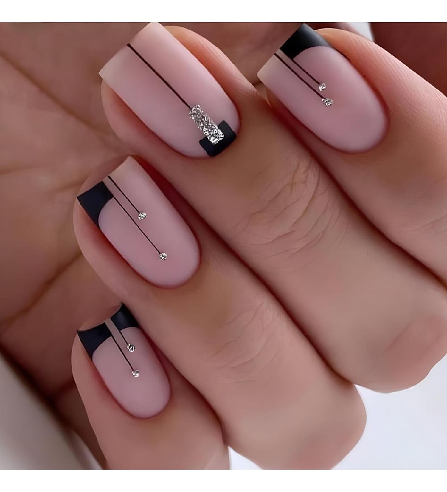 Shop Quadratical Short Nails - Nude Pink & Black French Tip Press-On Nails with Gems - 24 Pieces Full Cover Artificial Nails for Women - Buy Online on GoSupps.com