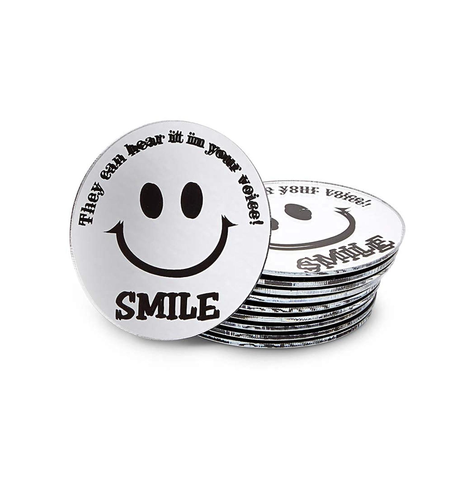 Trainers Warehouse Mini Round Smile Mirrors (10/Set) | A Reminder to Communicate Positive Energy Through Voice - Handy Mini-Mirror | 2.25 Inch Diameter Adhesive Backing