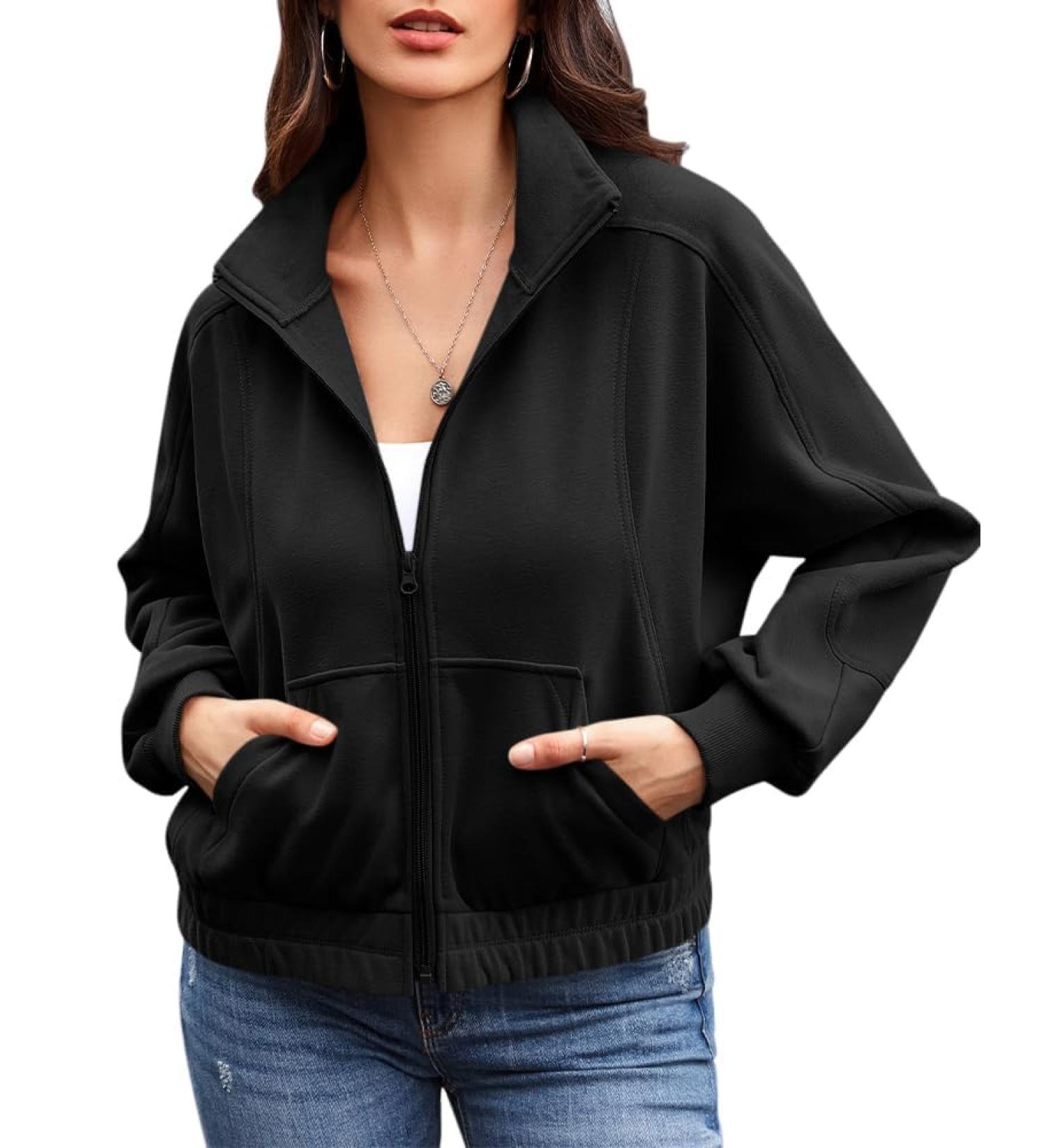 Ebifin Women's Zip Sweatshirt - Lightweight Hoodless Jacket for Autumn & Summer | Black L with Pocket - Buy Online on GoSupps.com