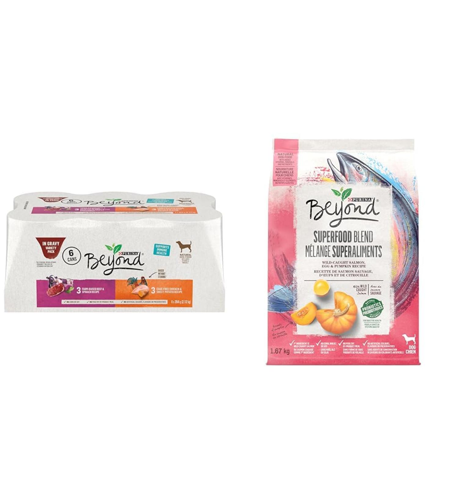 Beyond Natural Wet Dog Food in Gravy Variety Pack 2 Flavours - 354 g Can (6 Pack) & Superfood Blend Natural Dry Dog Food Wild Caught Salmon Egg & Pumpkin - 1.67 kg Bag PET_FOOD + PET_FOOD - Buy Online on GoSupps.com