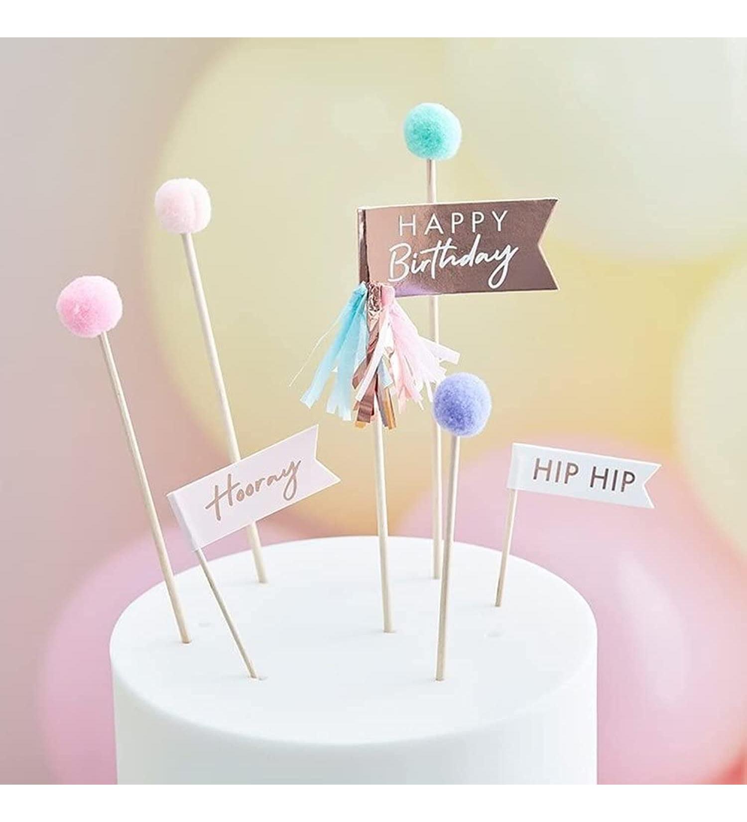 Ginger Ray Hip Hip Hooray Pom Pom and Flags Happy Birthday Cake Toppers - Buy Online on GoSupps.com