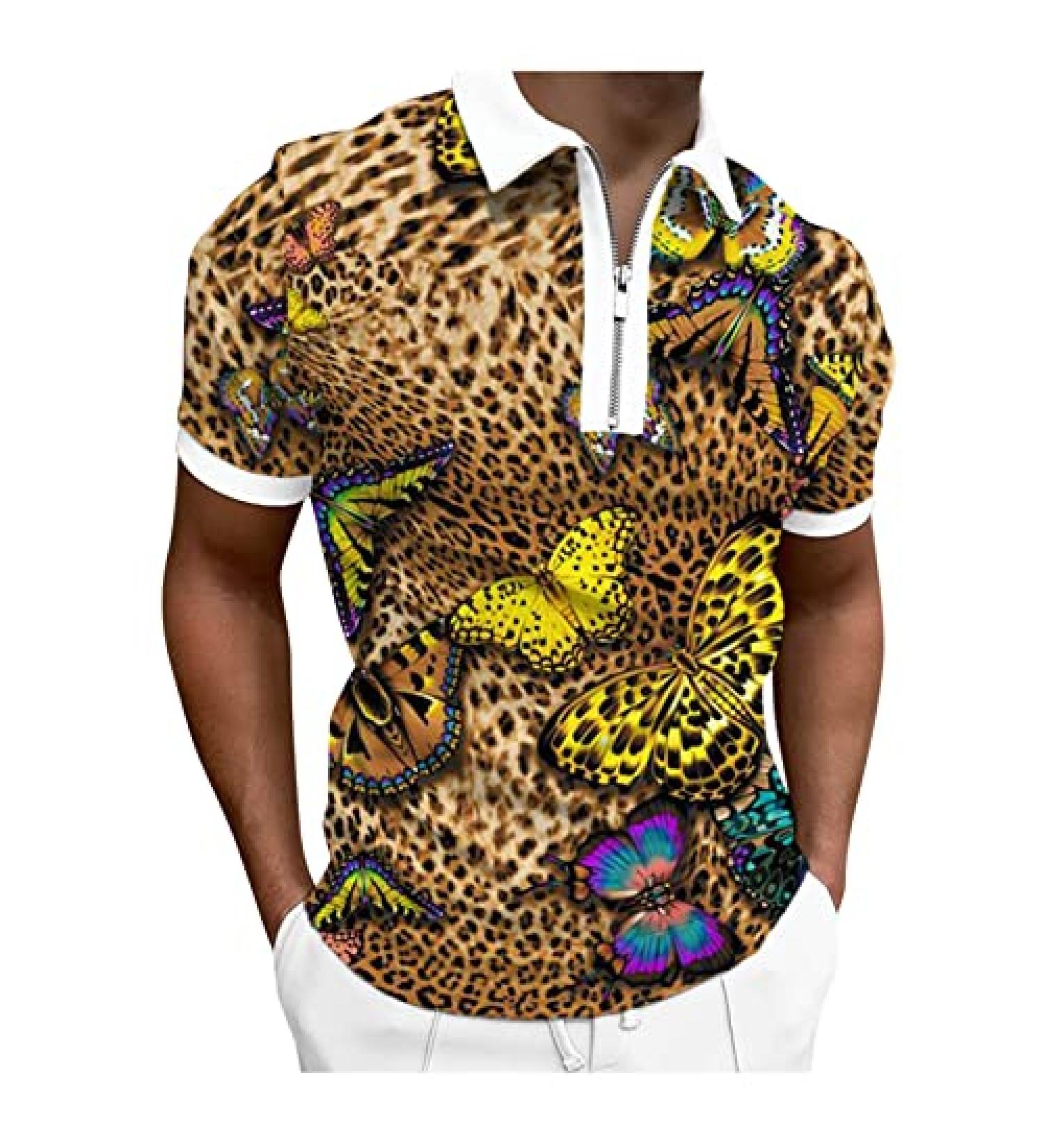 BEUU Mens Leopard Print Zipper Polo Golf Shirt - Summer Short Sleeve Sports Top for Work - Khaki Large - Buy Online on GoSupps.com