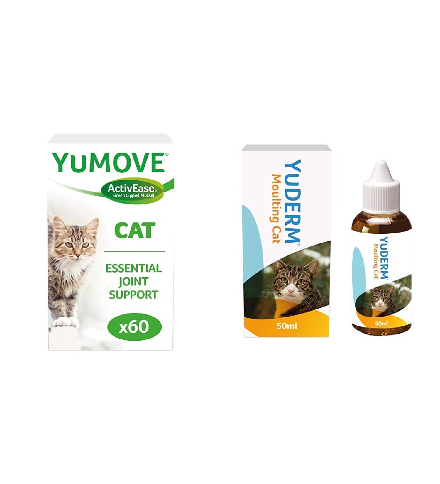 Lintbells | YuMOVE Cat | Hip and Joint Supplement for Stiff Cats | 60 Capsules & YuDERM Moulting Cat Formerly YuMEGA | Coat and Skin Supplement for Cats with Dry or Dull Coats | 50 ml Bottle - Buy Online on GoSupps.com