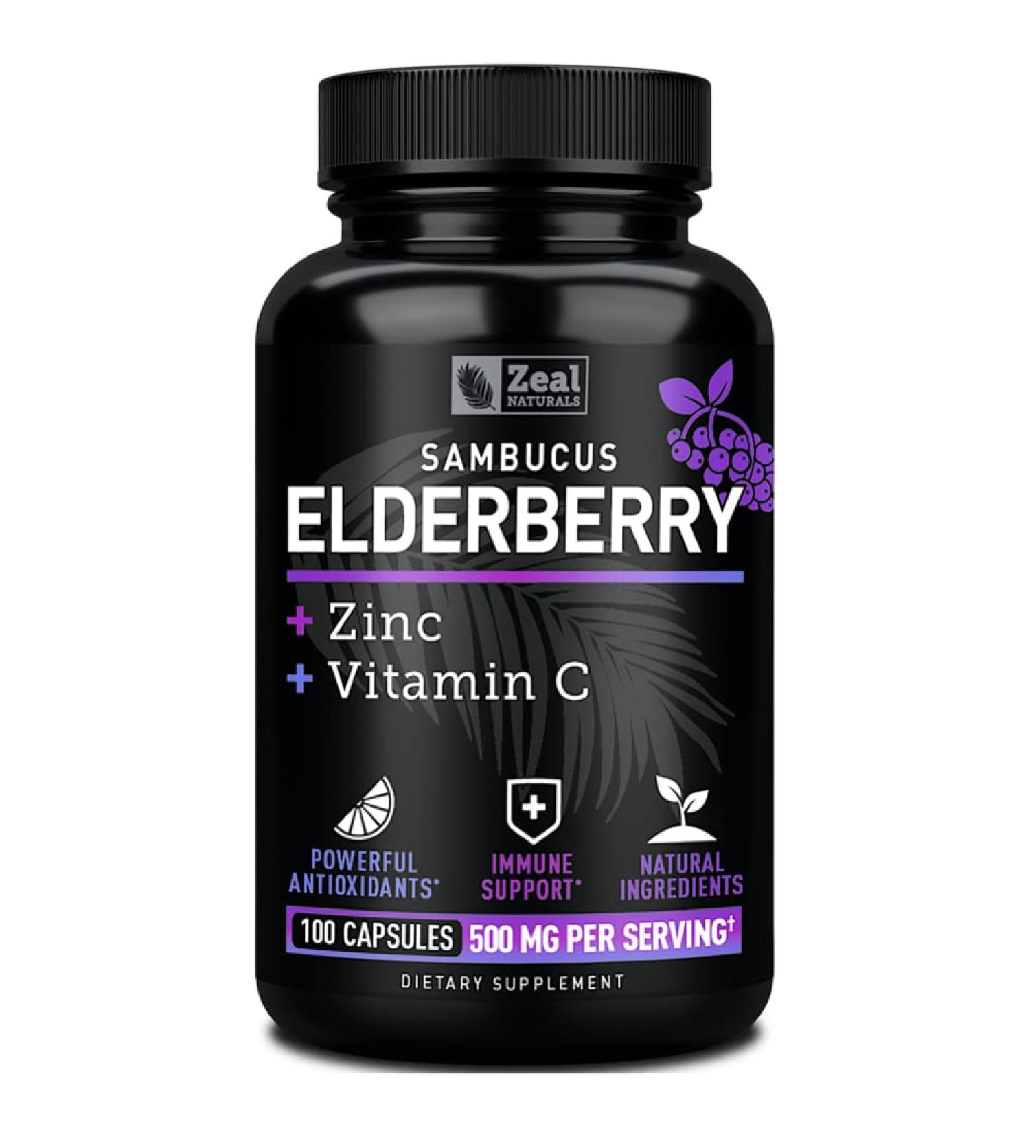 Max Strength Elderberry Capsules with Zinc & Vitamin C | 500mg Immune System Support | Black Sambucus Elderberry | 100 Count | 3-in-1 Support for Adults - Buy Online on GoSupps.com