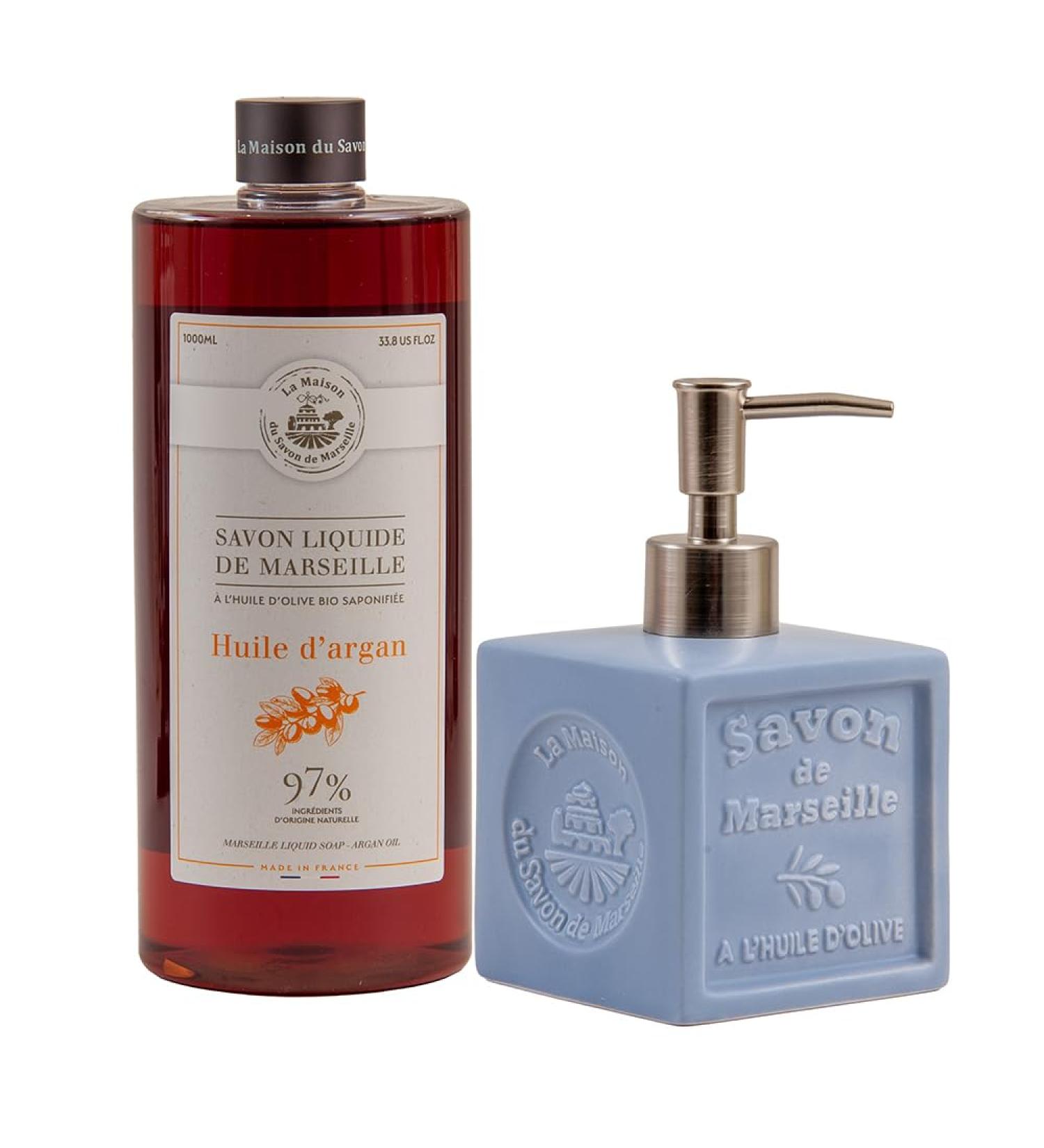 Maison Du Savon De Marseille Argan oil liquid soap with blue ceramic soap dispenser 1 liter refill and 300 milliliter dispenser - Buy Online on GoSupps.com