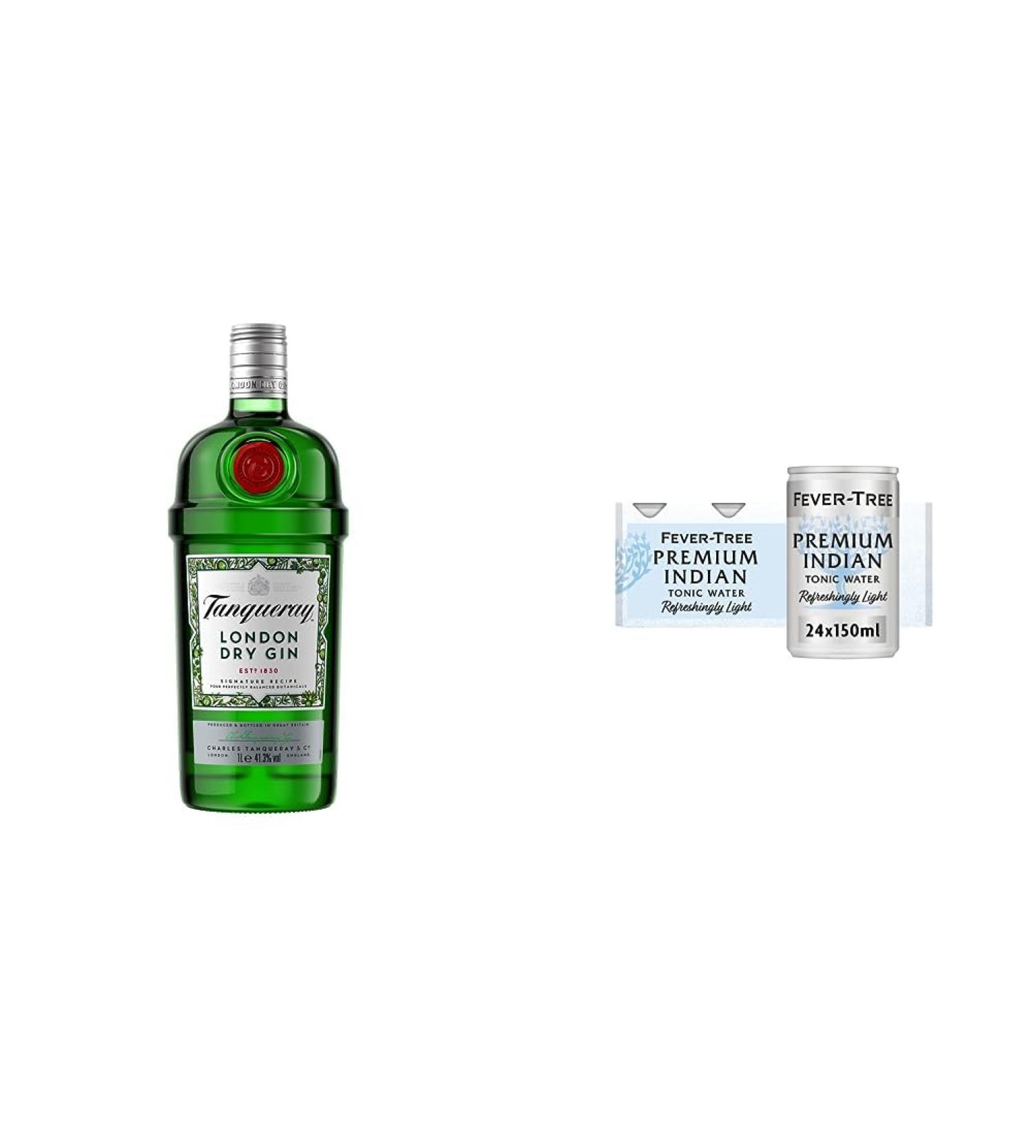 Tanqueray London Dry Gin | 41.3% vol | 1L | Signature Recipe | Made with 4 Gin Botanicals & Fever-Tree Refreshingly Light Indian Tonic Water 150ml 8 Count (Pack of 3) (Total 24 cans) - Buy Online on GoSupps.com