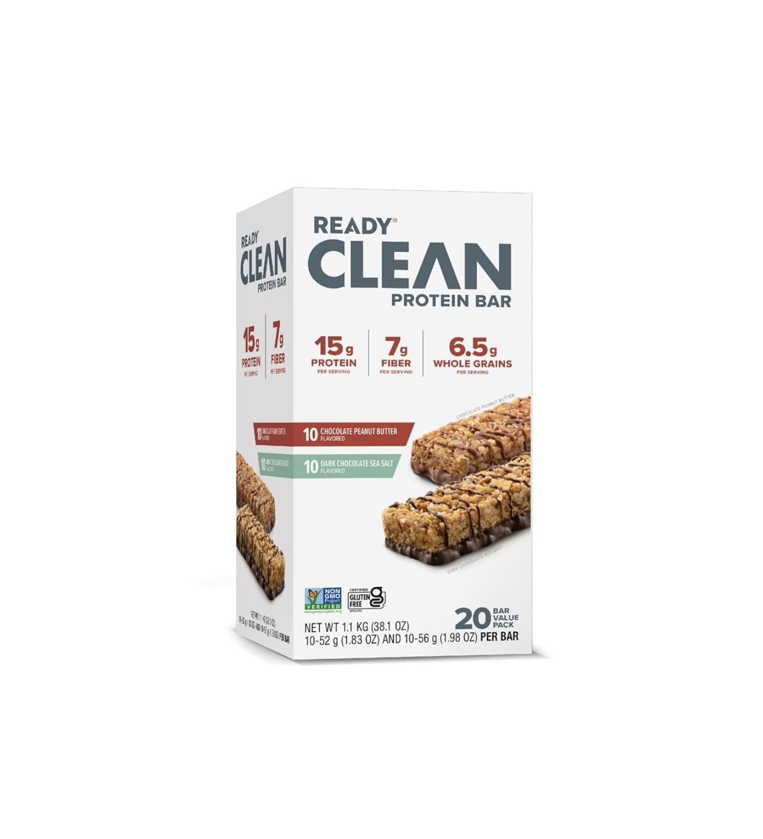 Ready Clean Protein Bars Assorted Chocolate Peanut Butter and Dark Chocolate Sea Salt 20 Count 15g Protein
