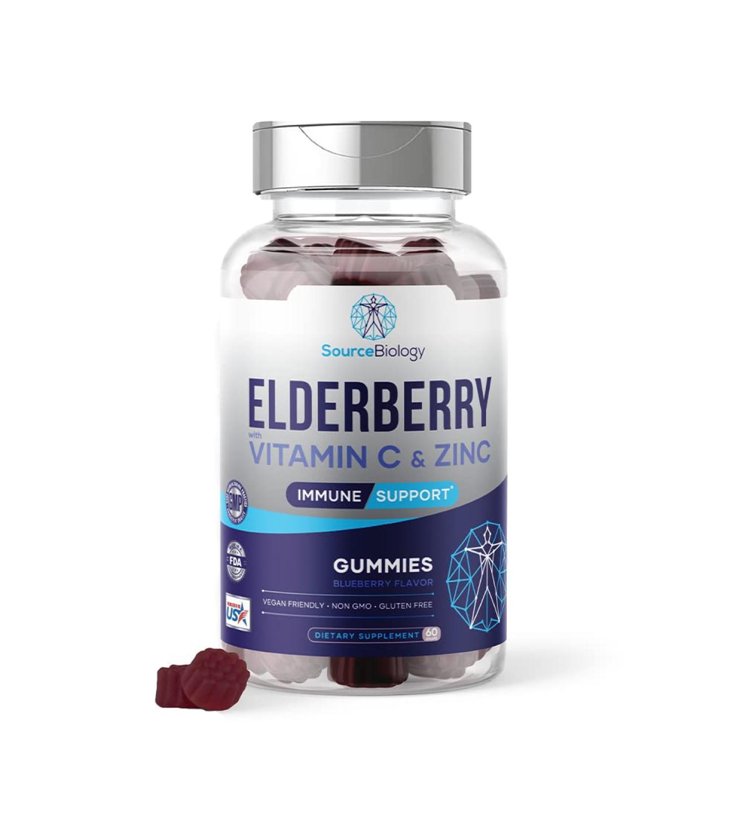 Source Biology Elderberry Gummies - Immune Support with Vitamin C and Zinc - Vegan Formula - 4500 Mg Elderberry - 60 Gummies - Buy Online on GoSupps.com