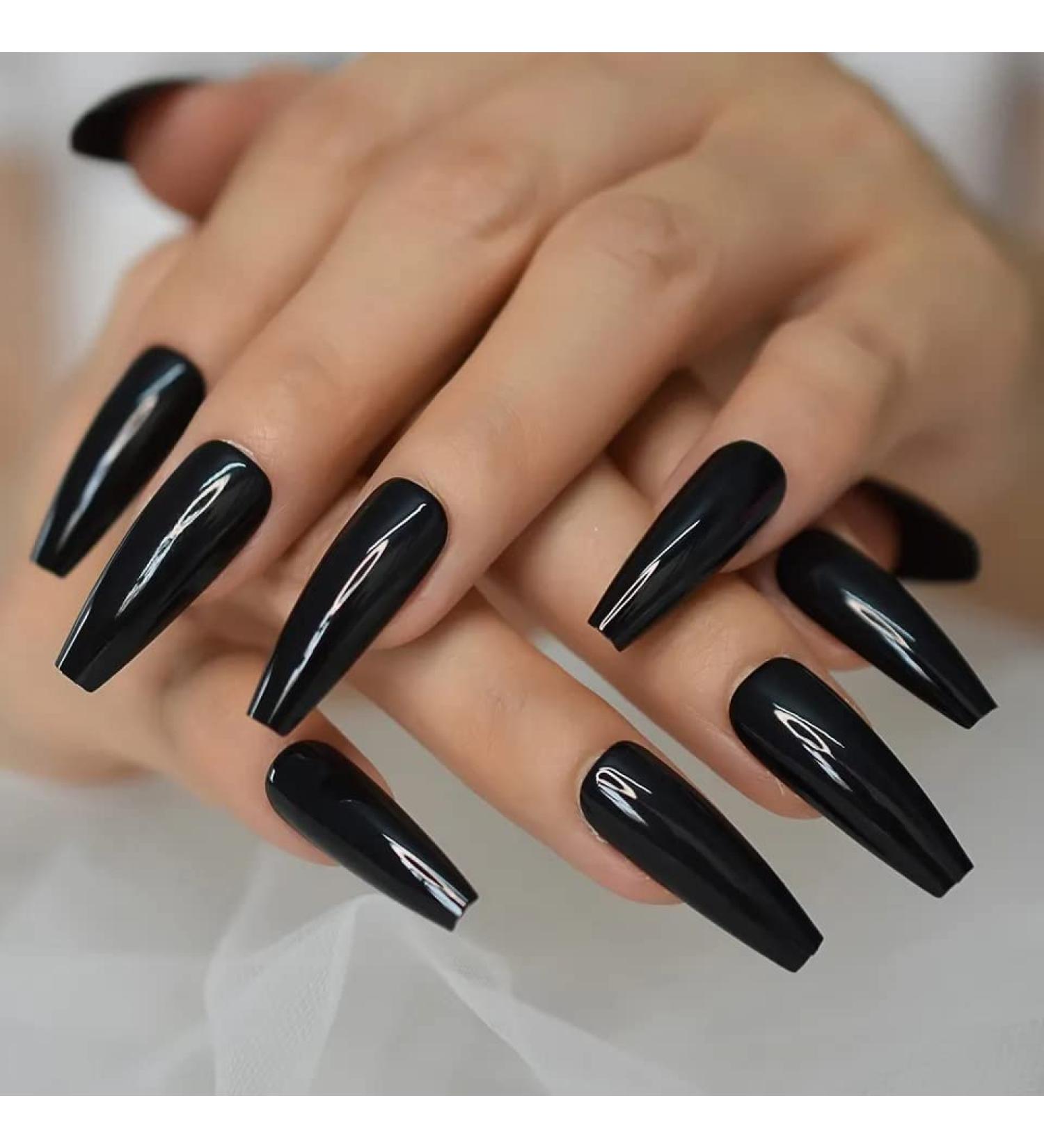 24pc Black Long Tapered Coffin Ballerina False Nails - Glossy Full Coverage Press On Nails for Women - Buy Online on GoSupps.com