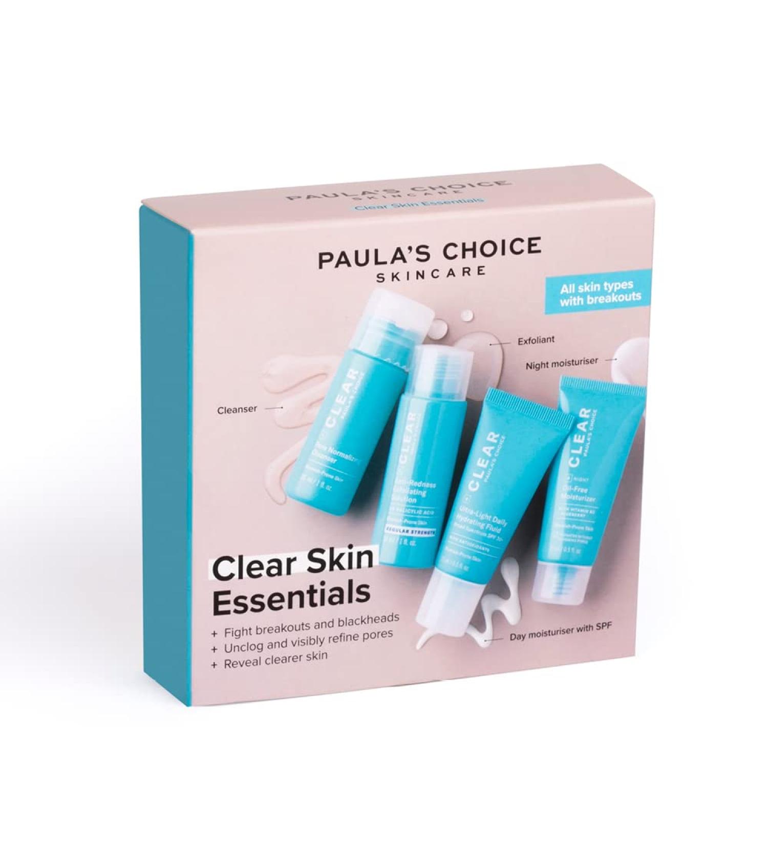 Paula's Choice Clear Skin Essentials: 3-Step Acne Treatment Routine - Cleanser Peeling & Moisturizer for All Skin Types - Travel Size for Blemish-Free Skin - Buy Online on GoSupps.com