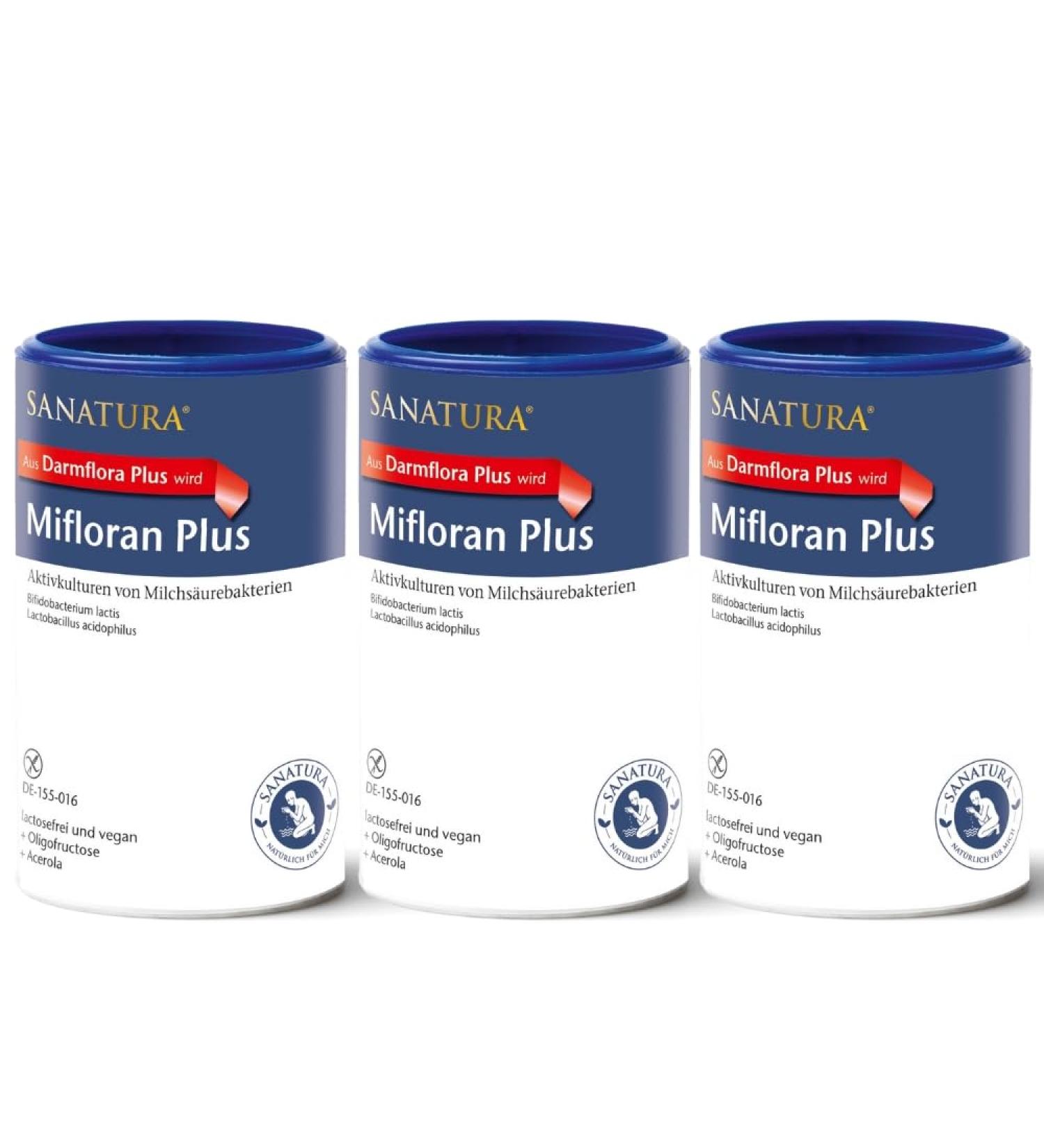 Sanatura Mifloran Plus 3-Pack - 12 Billion KBE Lactic Acid Bacteria Vitamin C & Oligofructose - Vegan & Lactose Free - 200g Each - Buy Online on GoSupps.com